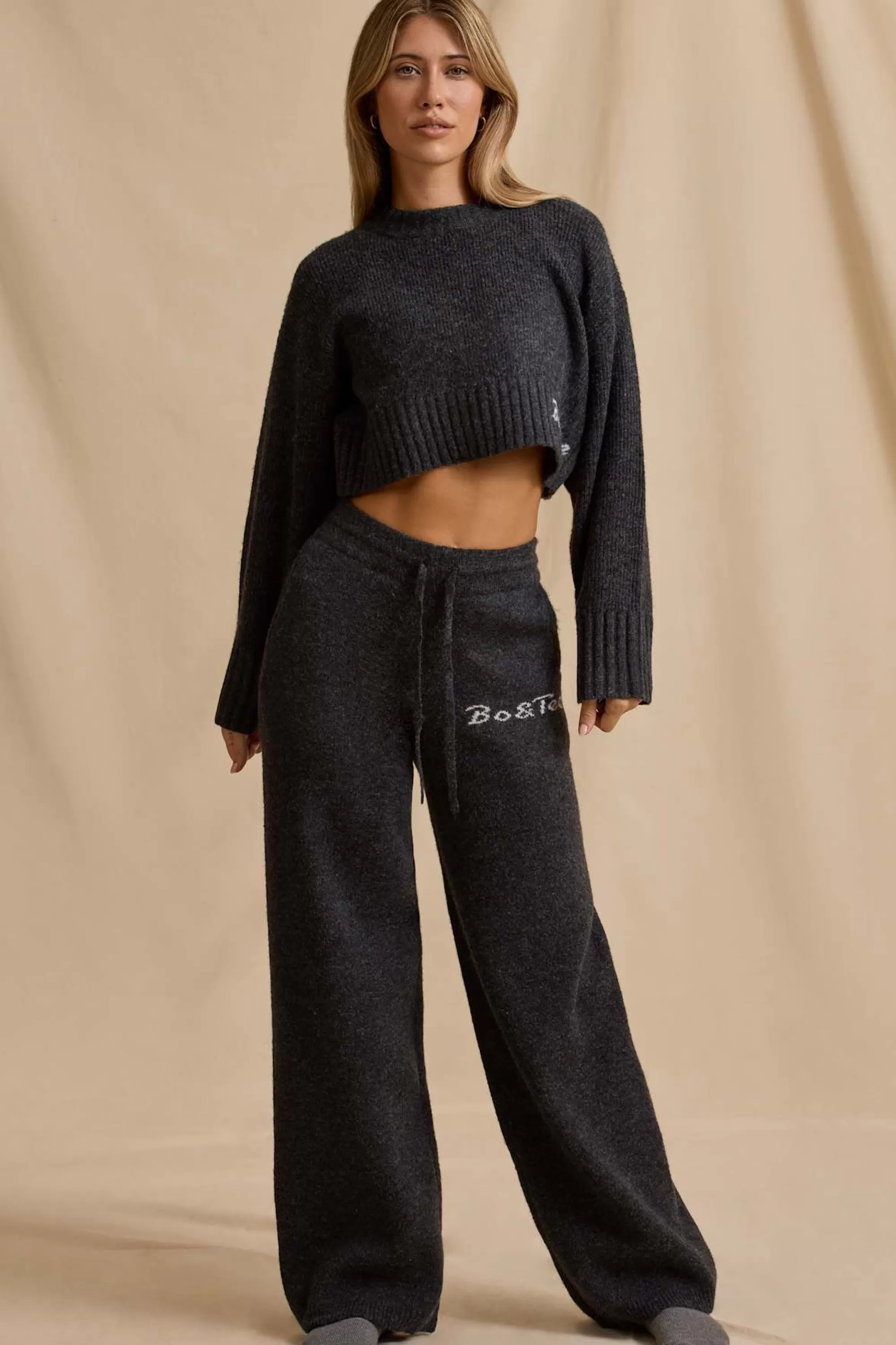 Oh Polly Mid-Rise Wide-Leg Joggers in Charcoal Marl CharcoalMarl Discount