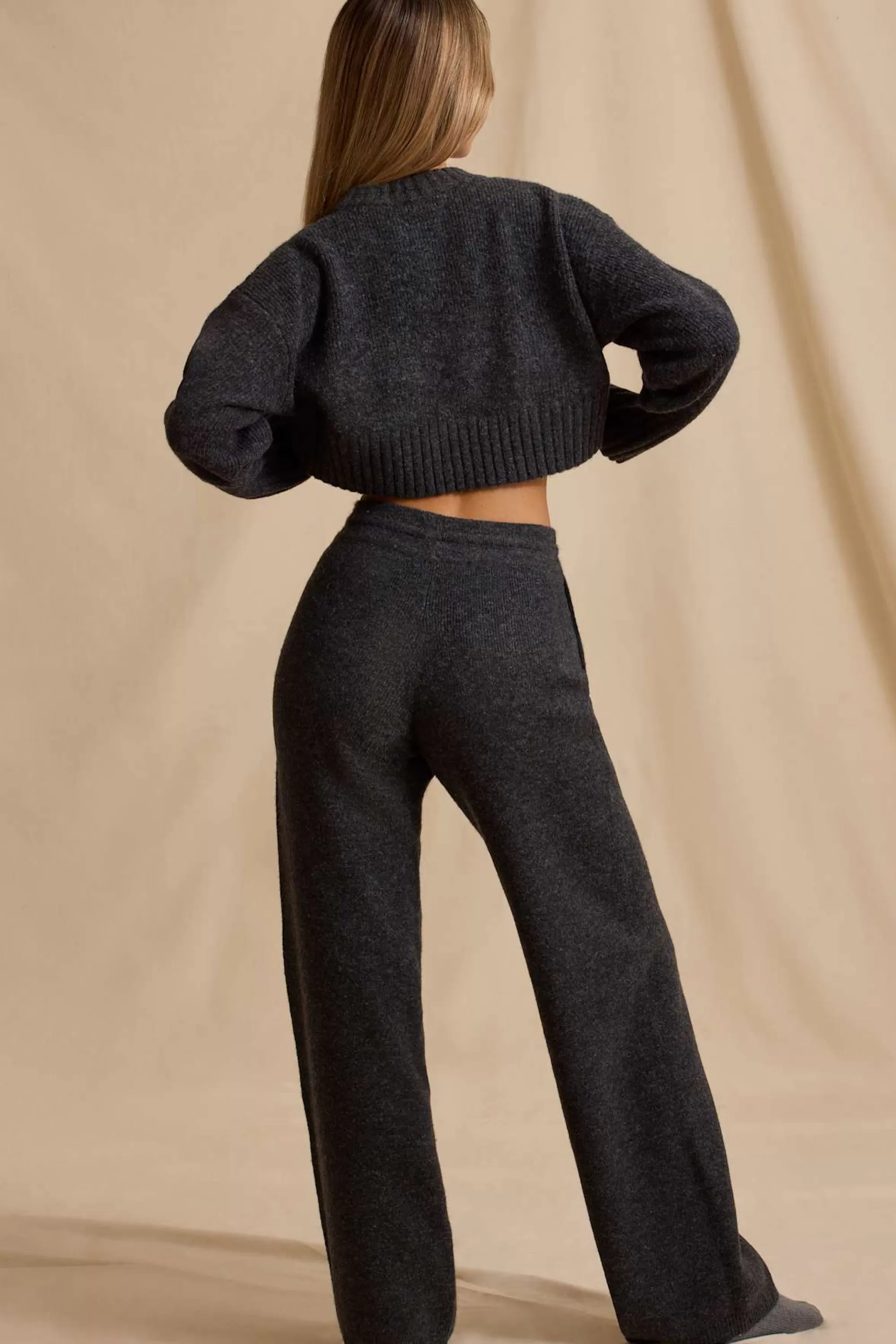 Oh Polly Mid-Rise Wide-Leg Joggers in Charcoal Marl CharcoalMarl Discount