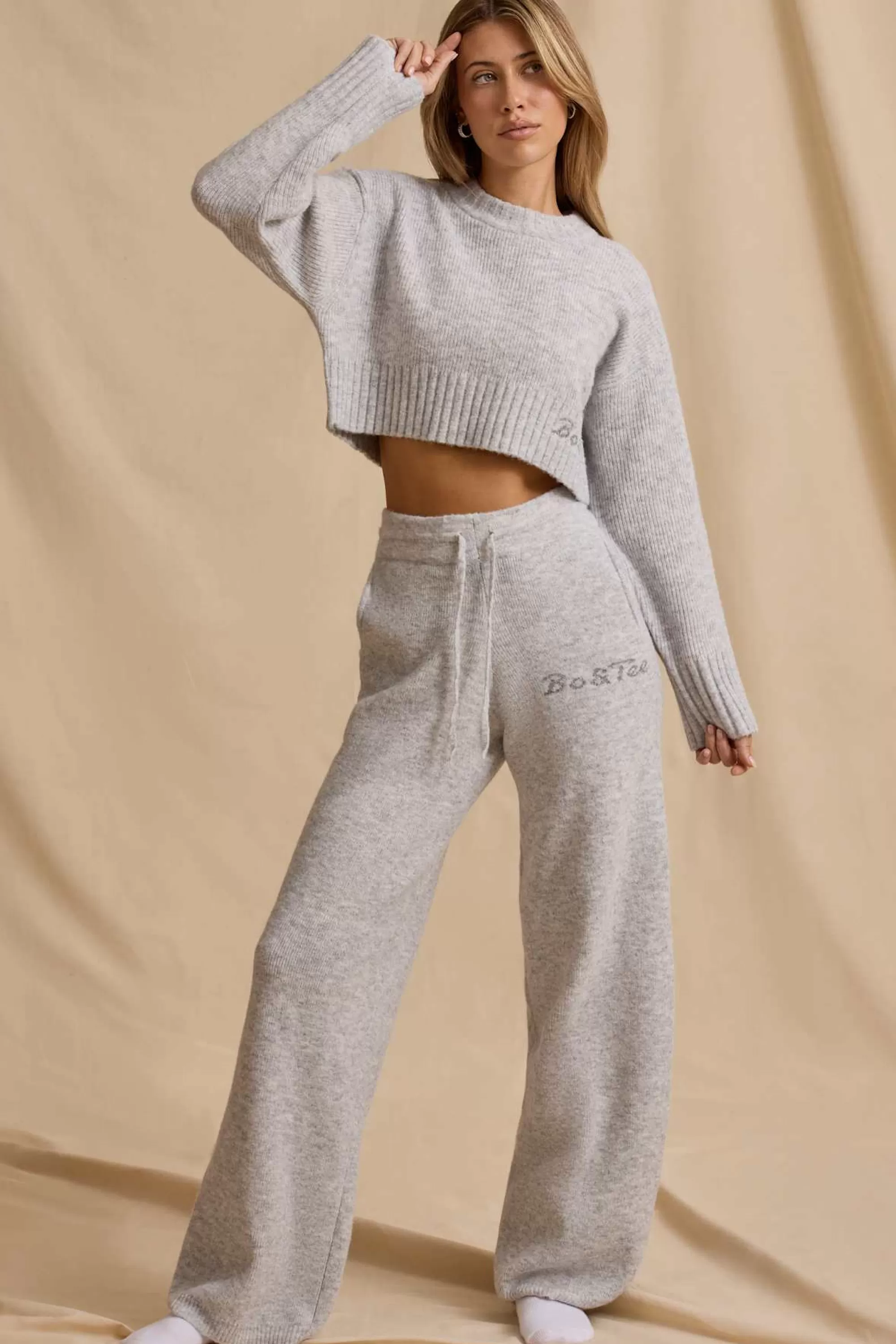 Oh Polly Mid-Rise Wide-Leg Joggers in Ice Marl IceMarl Online