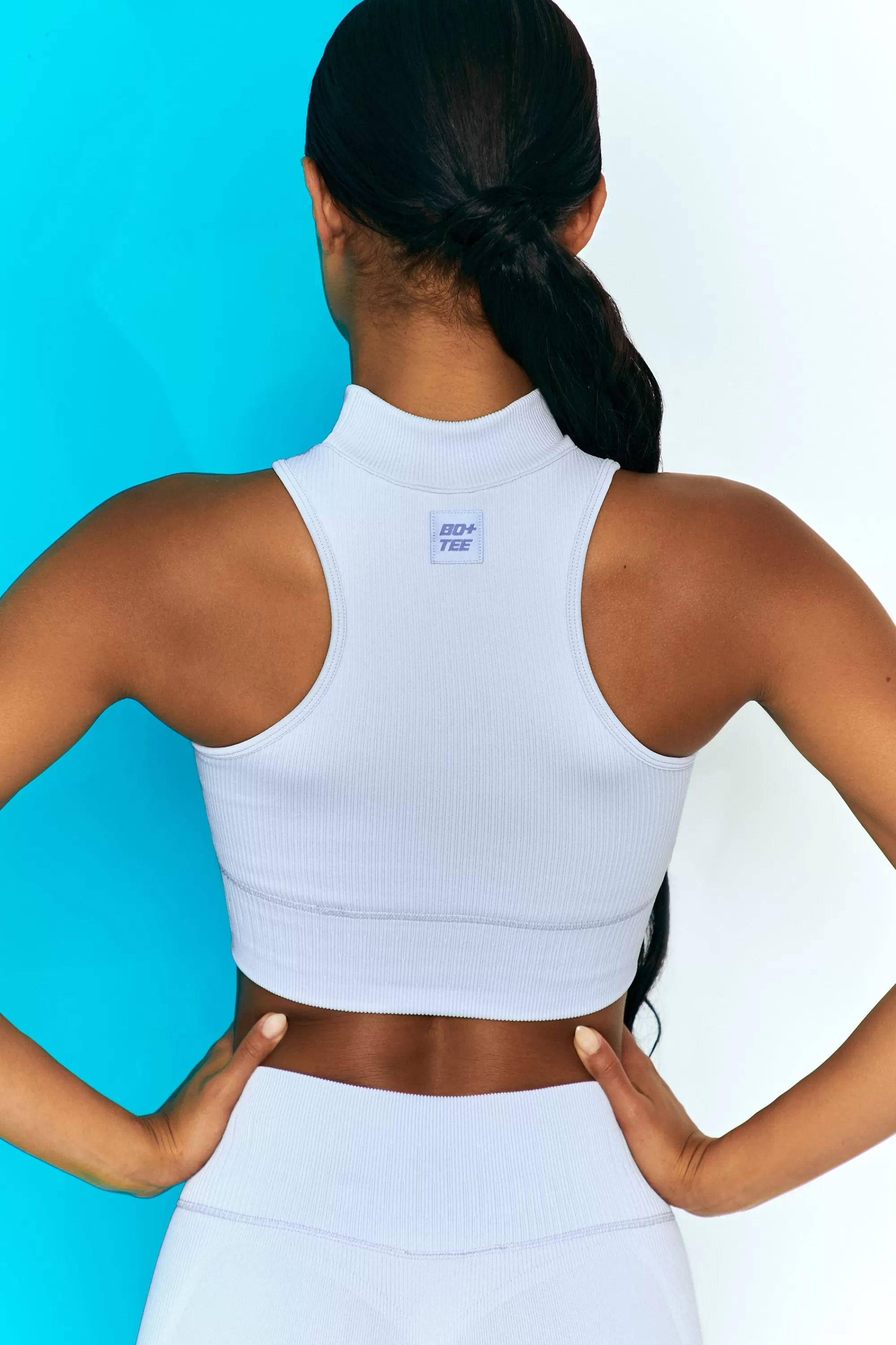 Oh Polly Miles Ahead Ribbed High Neck Crop Top in Cool Blue Best