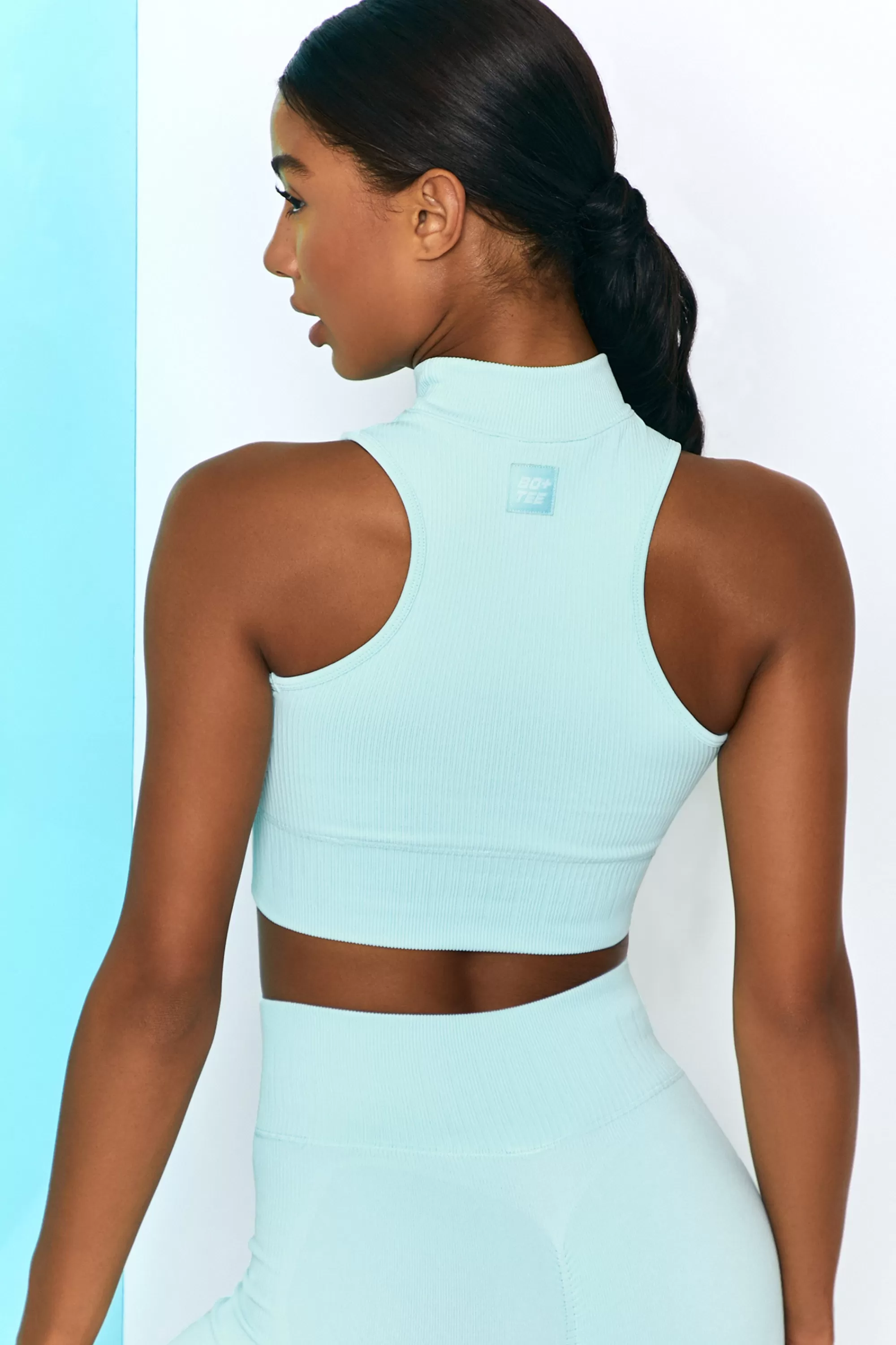 Oh Polly Miles Ahead Ribbed High Neck Crop Top in Light Blue Best Sale