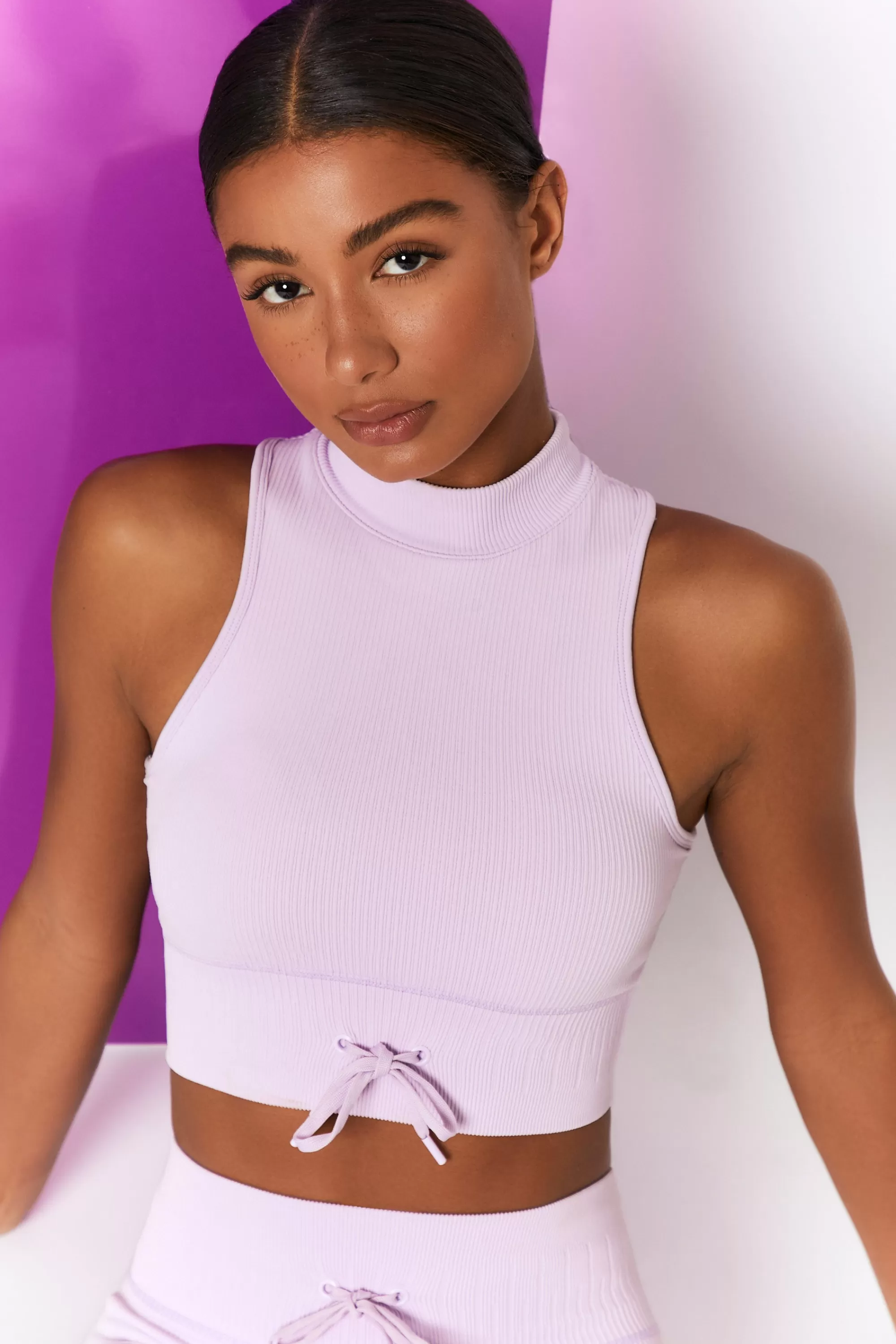 Oh Polly Miles Ahead Ribbed High Neck Crop Top in Lilac Cheap