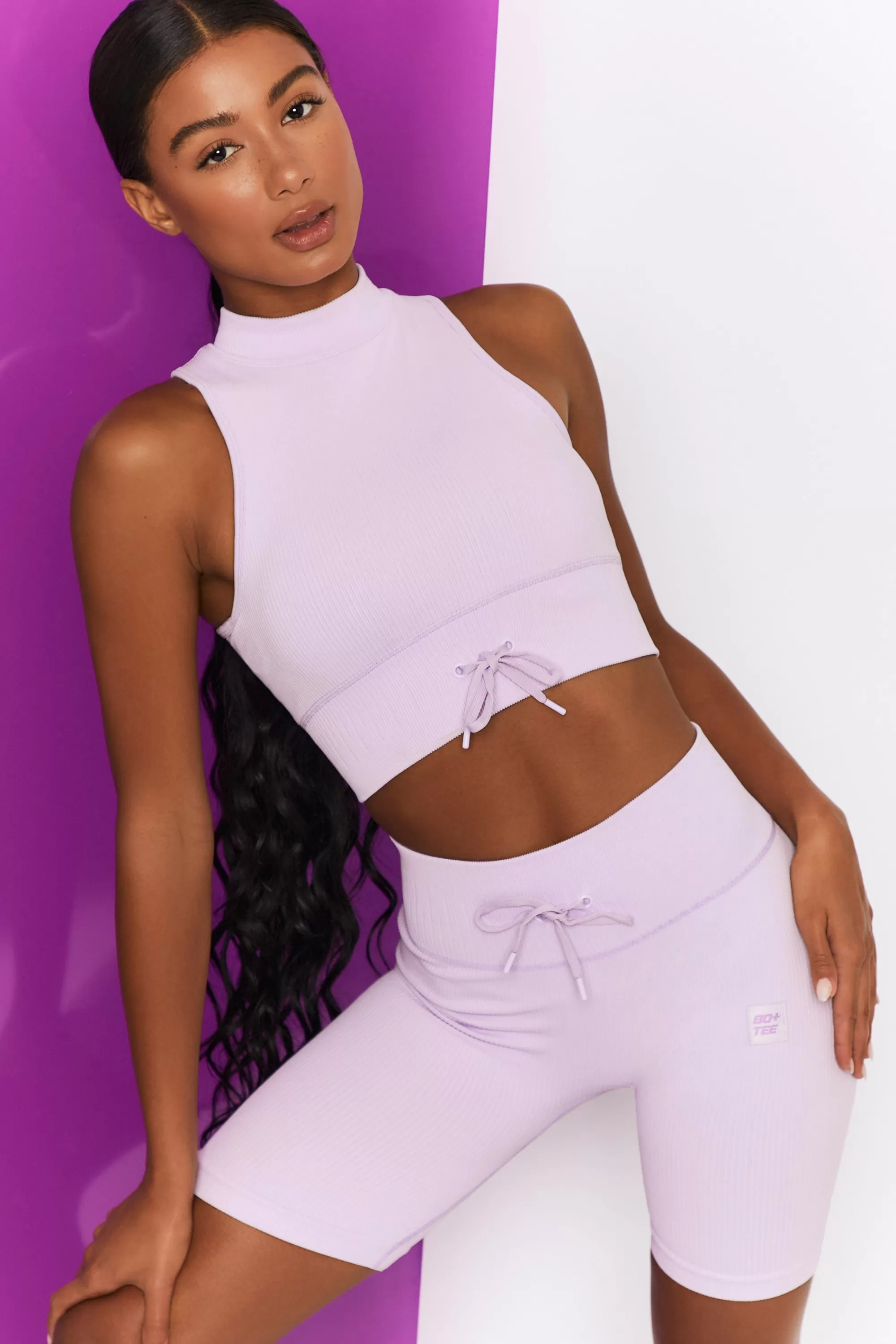 Oh Polly Miles Ahead Ribbed High Neck Crop Top in Lilac Cheap