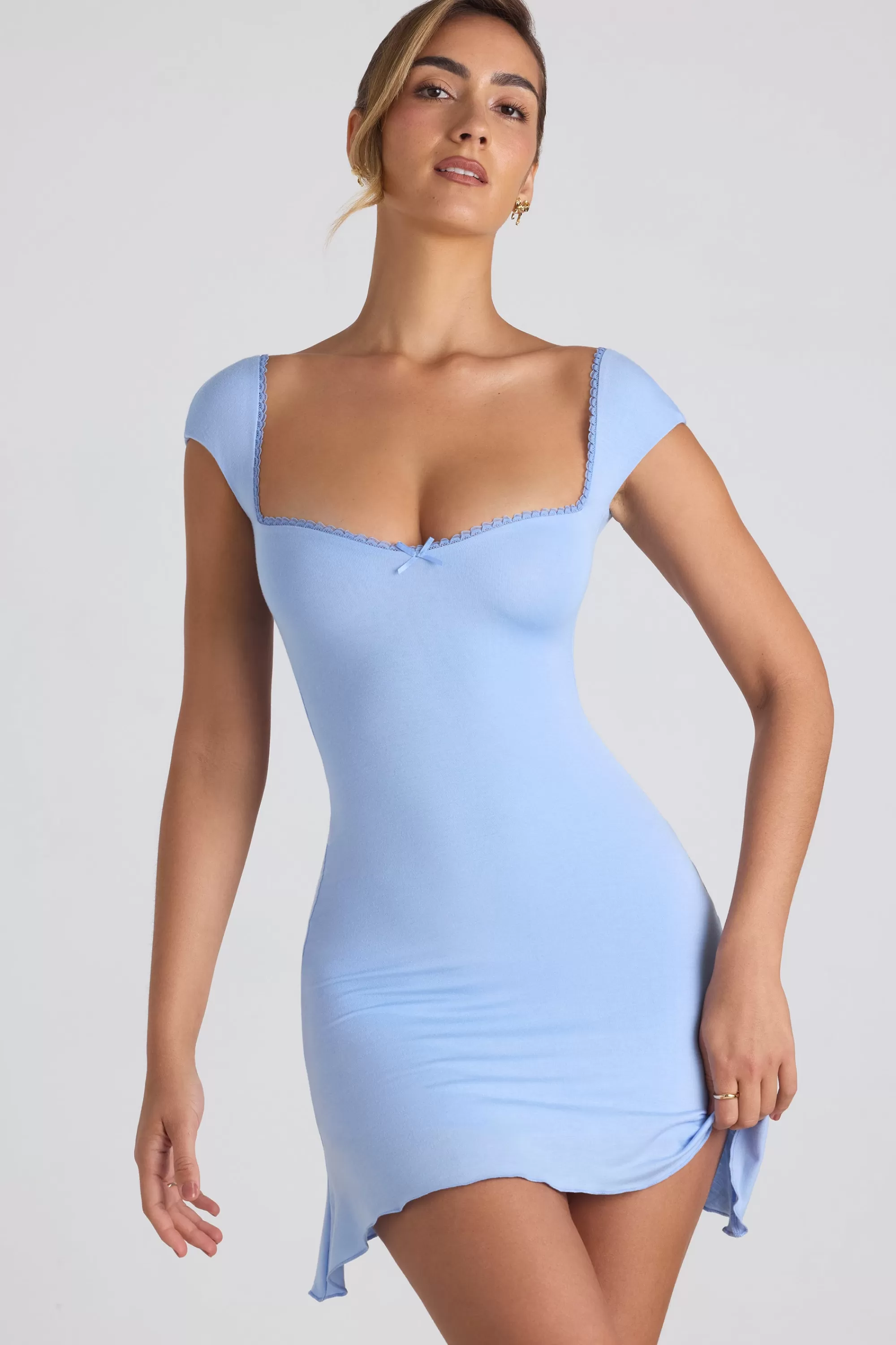 Oh Polly Modal Asymmetric Lace-Up A-Line Mini Dress in Sky Blue SkyBlue Fashion