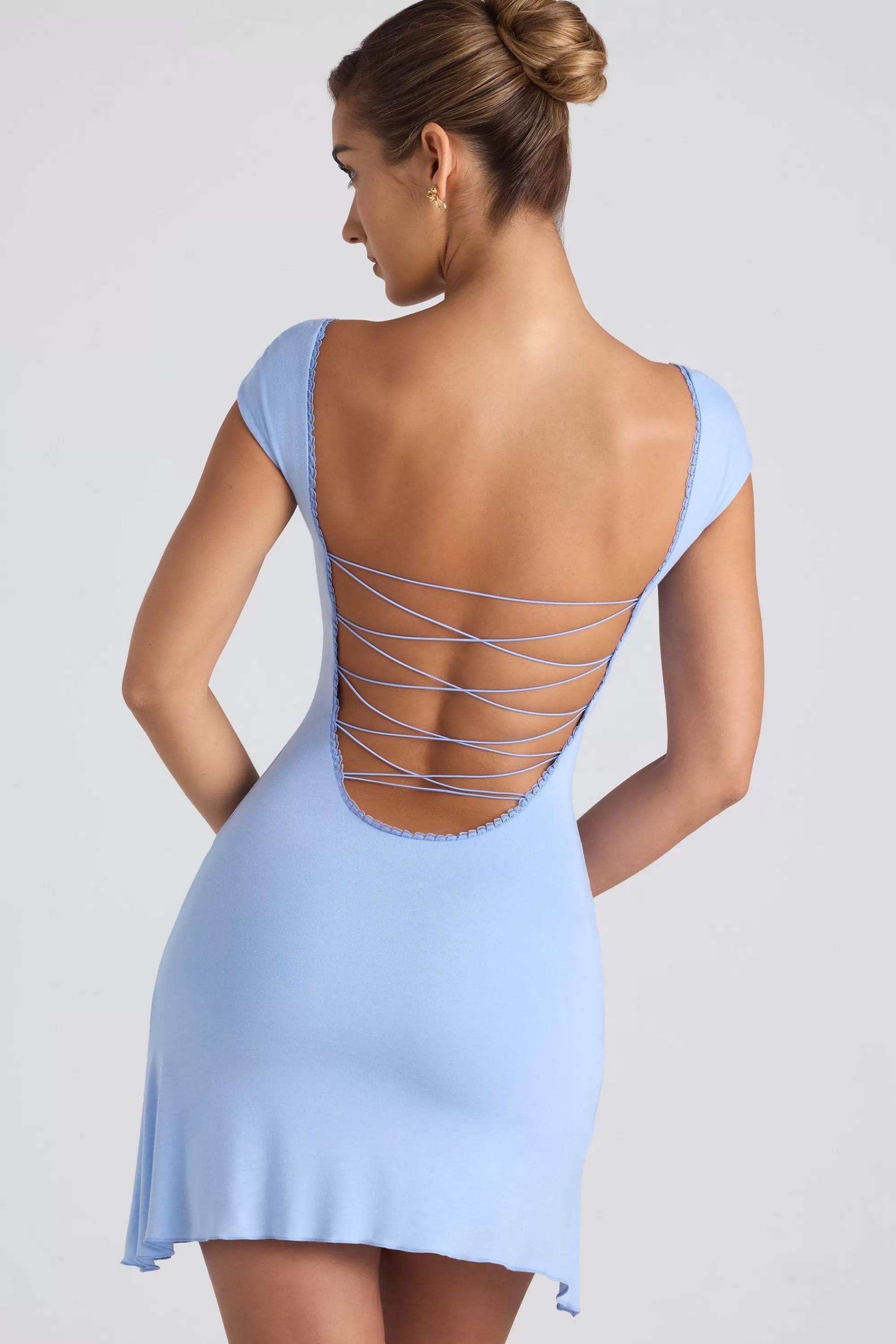 Oh Polly Modal Asymmetric Lace-Up A-Line Mini Dress in Sky Blue SkyBlue Fashion