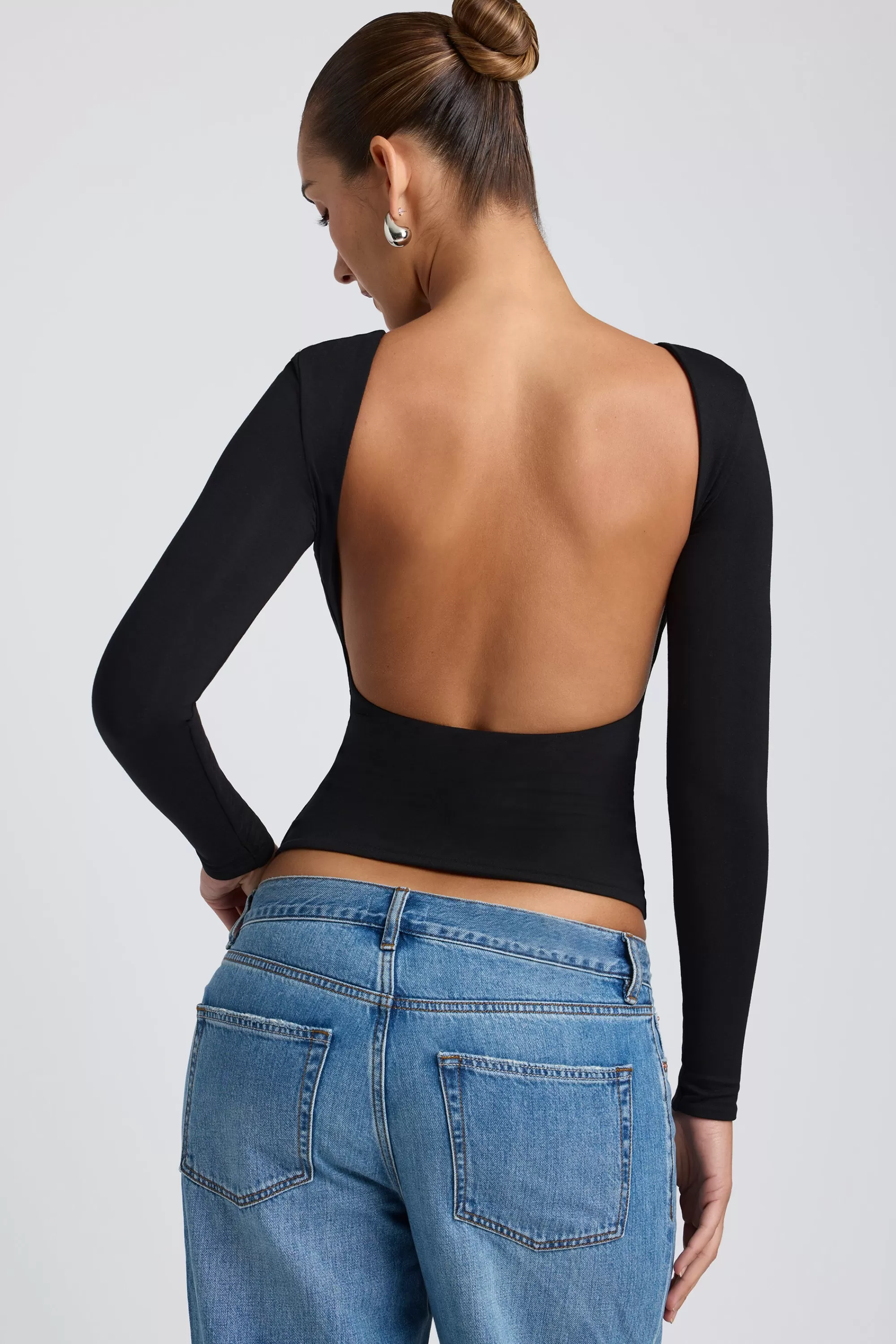 Oh Polly Modal High Neck Long Sleeve Open Back Top in Black Store