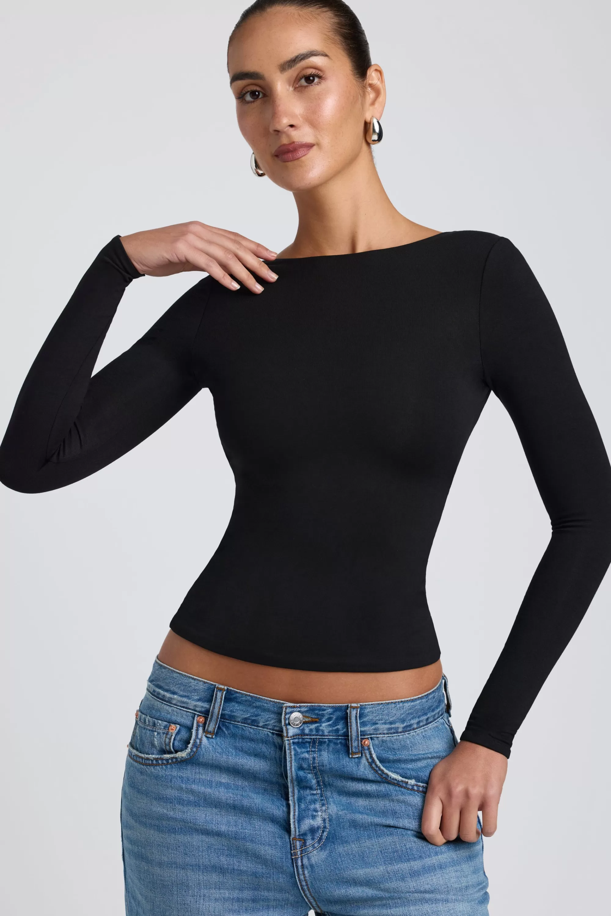 Oh Polly Modal High Neck Long Sleeve Open Back Top in Black Store