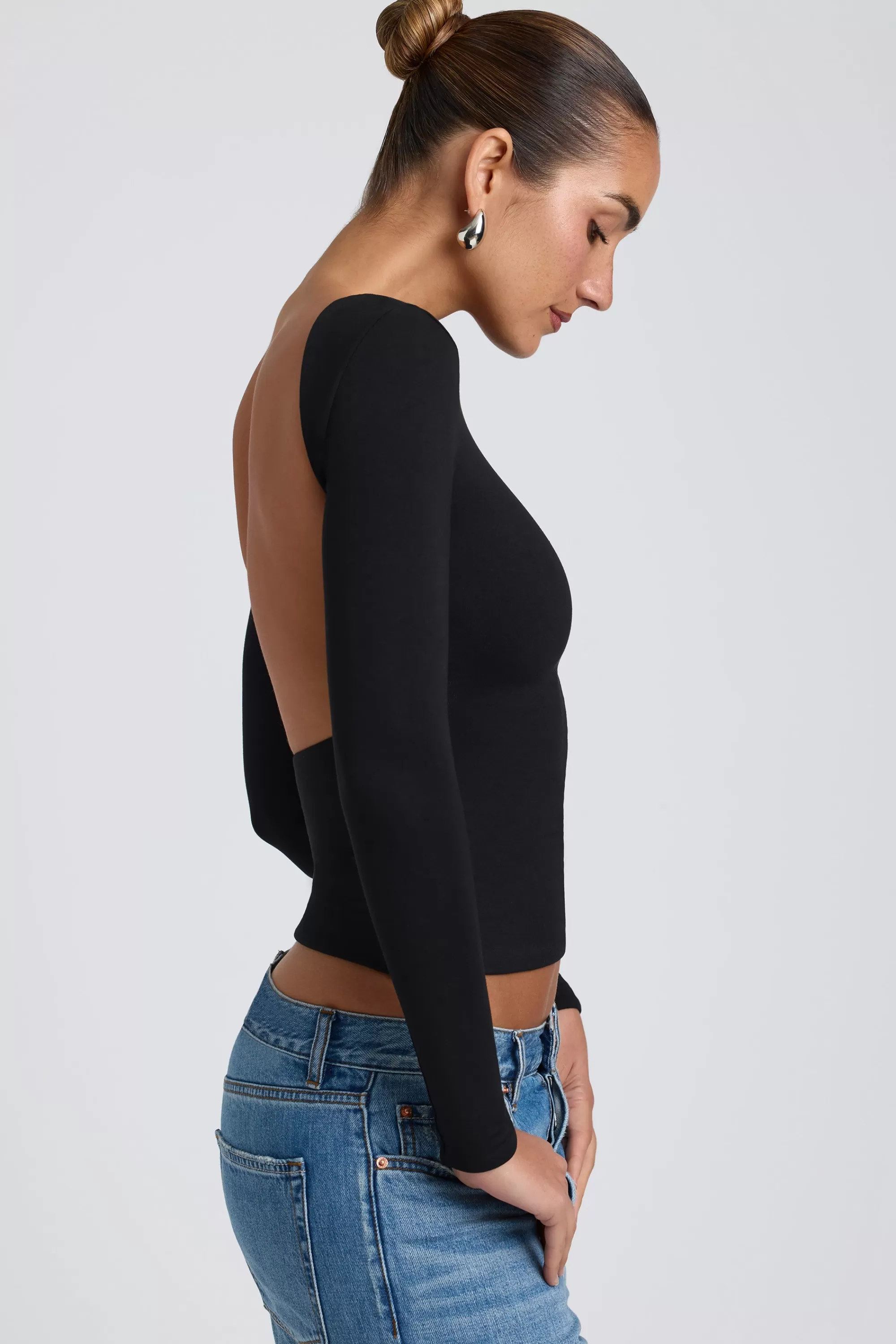 Oh Polly Modal High Neck Long Sleeve Open Back Top in Black Store
