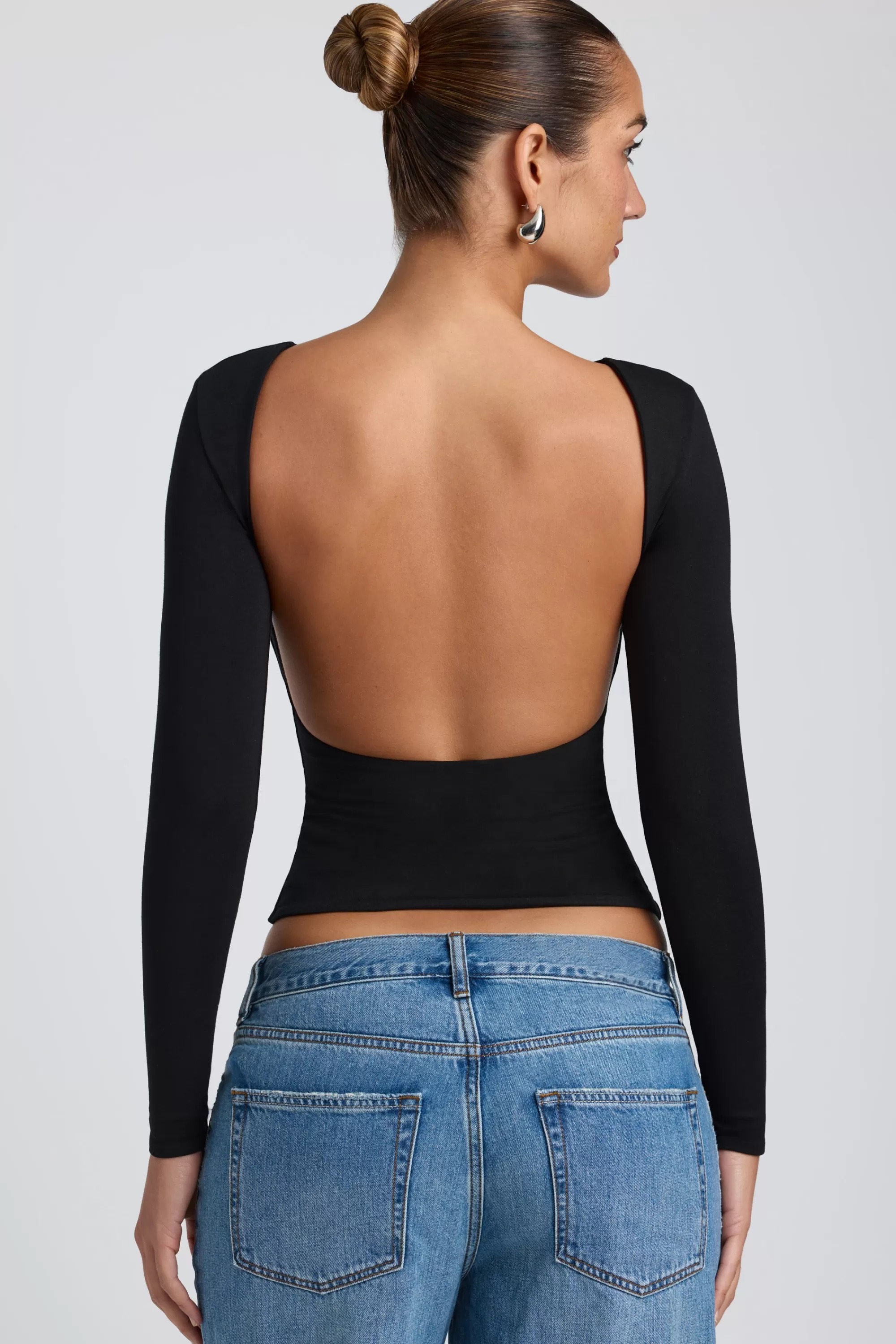 Oh Polly Modal High Neck Long Sleeve Open Back Top in Black Store
