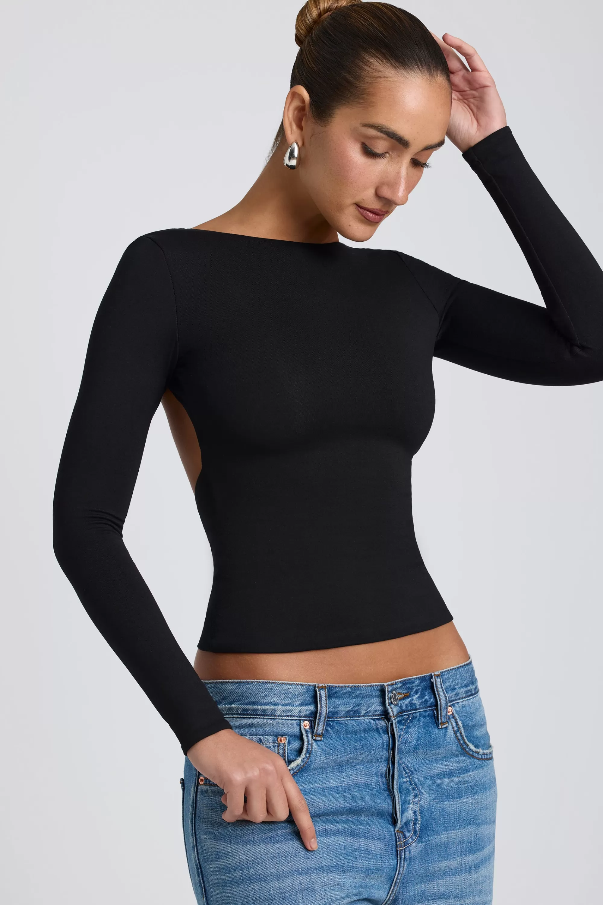 Oh Polly Modal High Neck Long Sleeve Open Back Top in Black Store