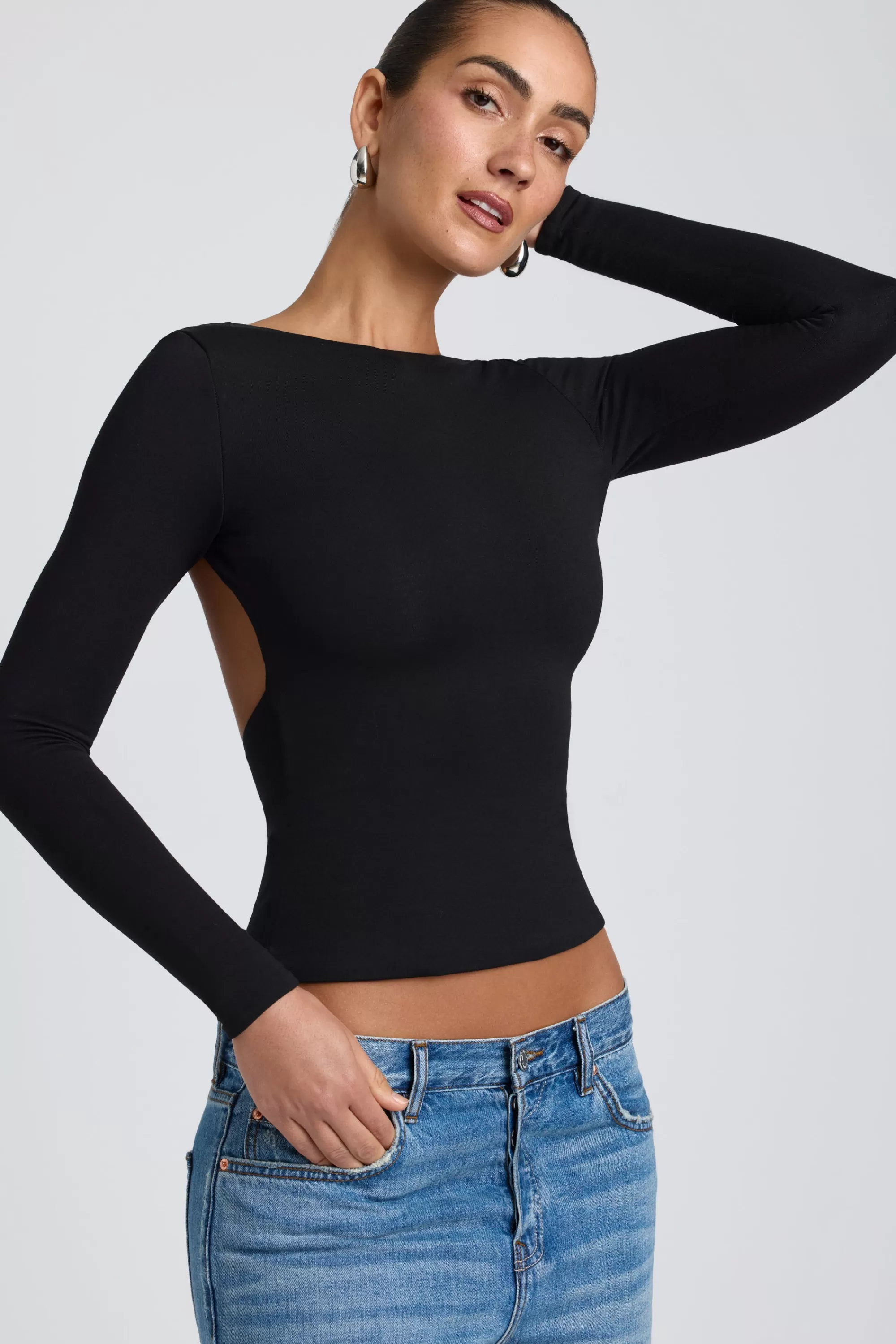 Oh Polly Modal High Neck Long Sleeve Open Back Top in Black Store