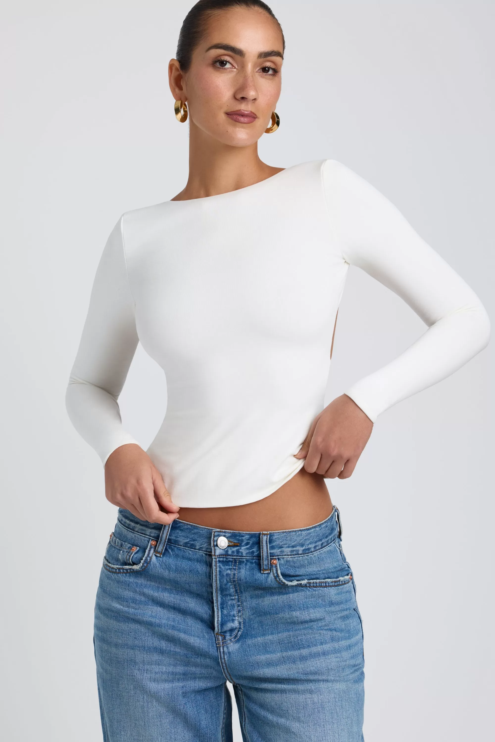 Oh Polly Modal High Neck Long Sleeve Open Back Top in White Outlet