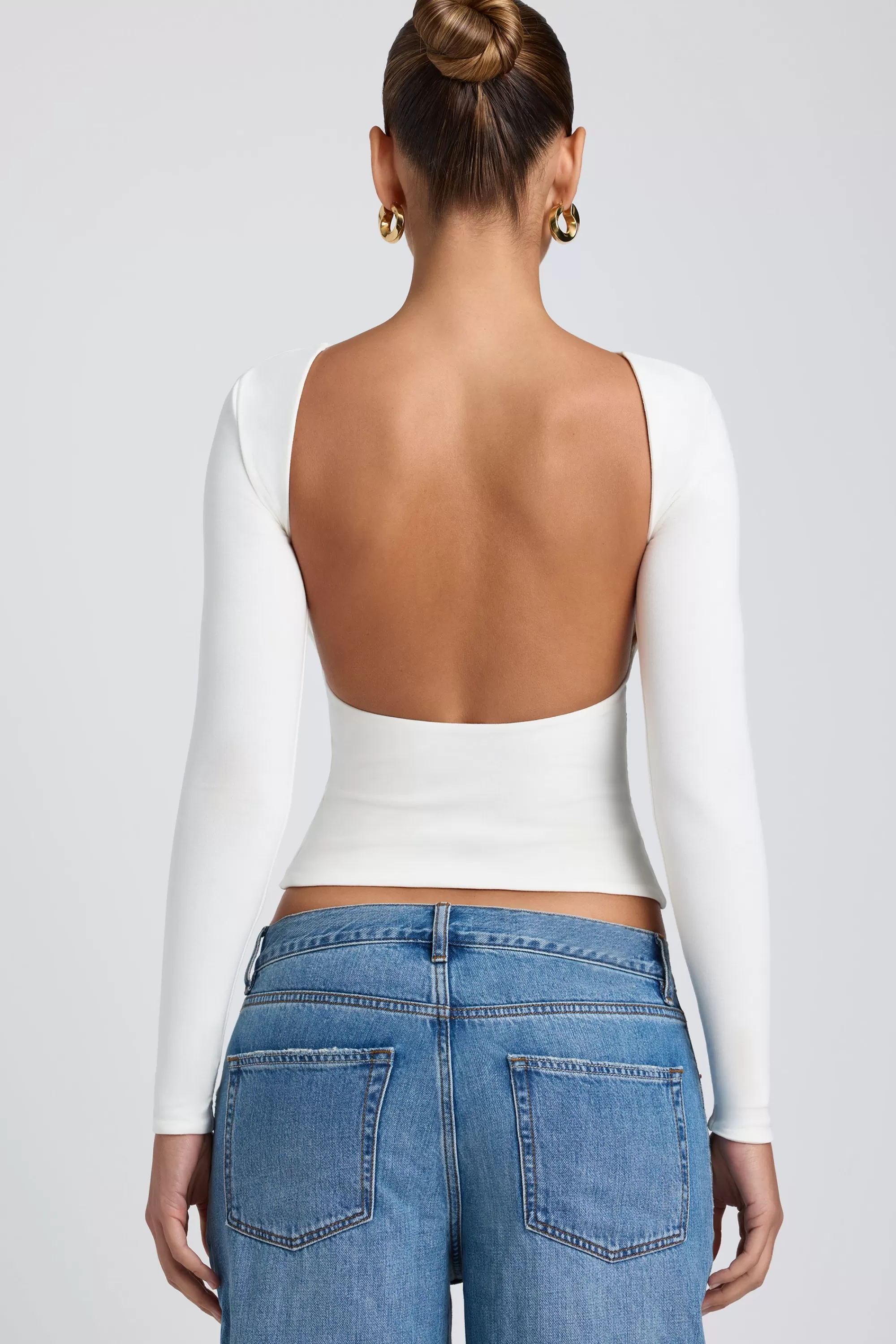 Oh Polly Modal High Neck Long Sleeve Open Back Top in White Outlet