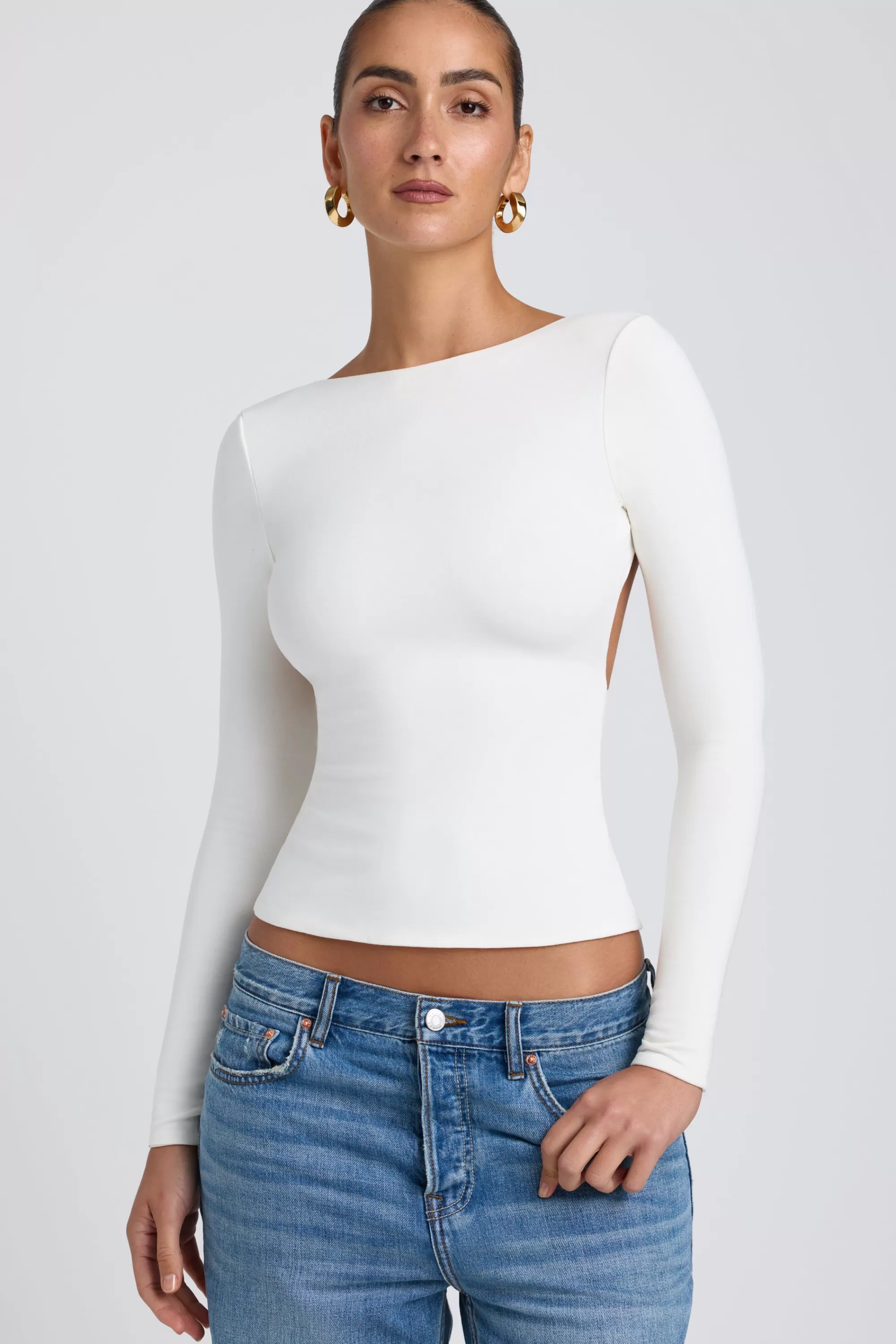 Oh Polly Modal High Neck Long Sleeve Open Back Top in White Outlet