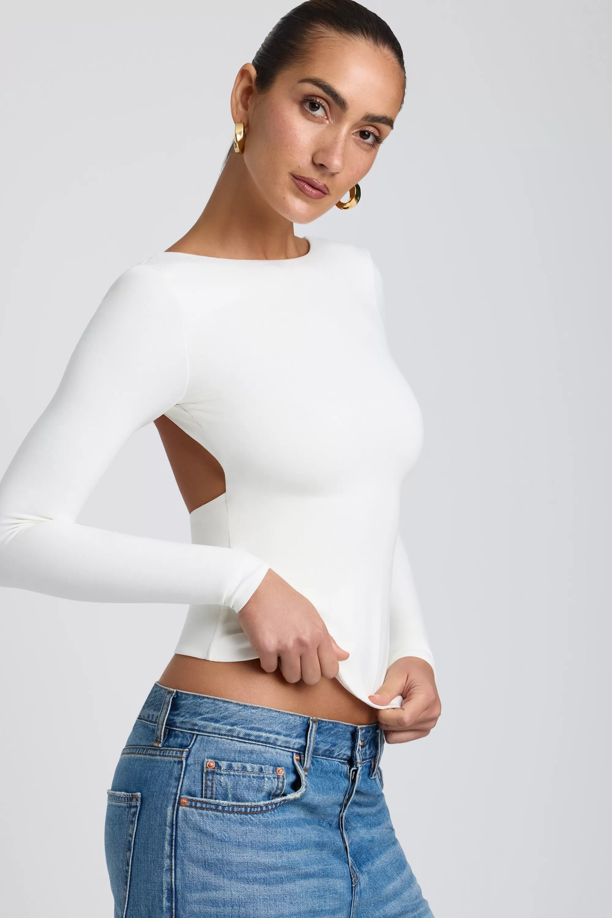 Oh Polly Modal High Neck Long Sleeve Open Back Top in White Outlet