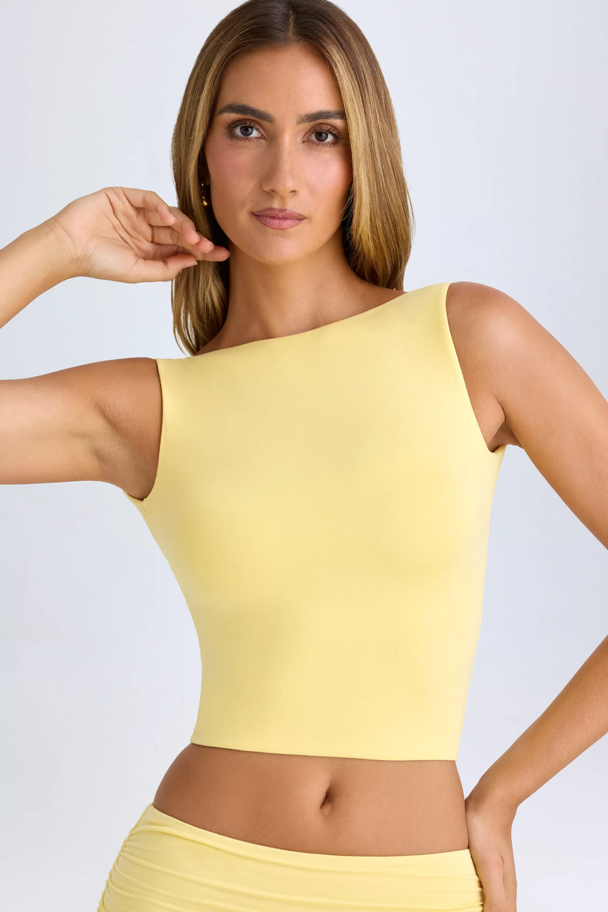 Oh Polly Modal High-Neck Open-Back Crop Top in Lemon Sherbet Cheap