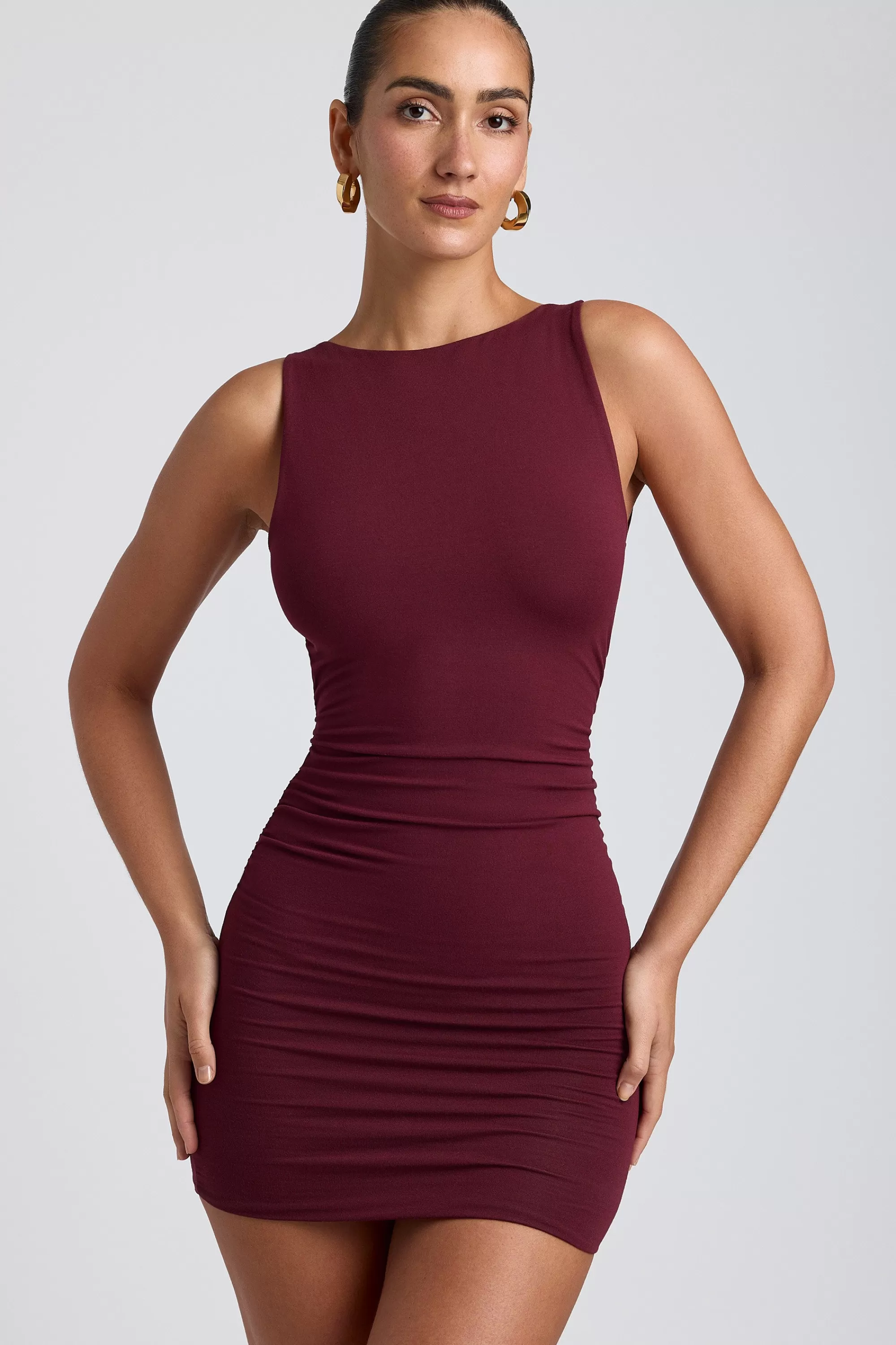 Oh Polly Modal High-Neck Open-Back Mini Dress in Plum New