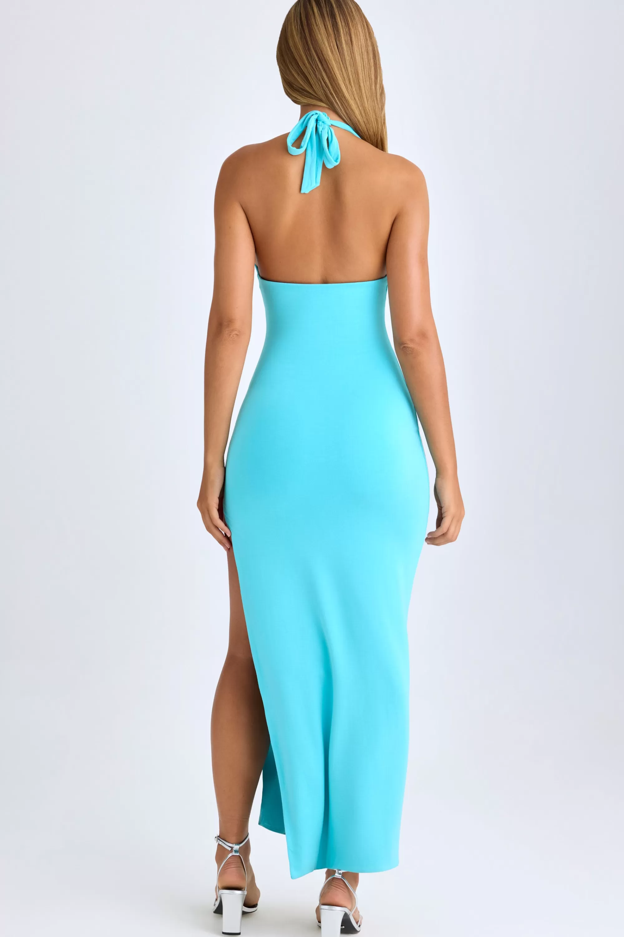 Oh Polly Modal High-Split Halterneck Maxi Dress in Aqua Blue New