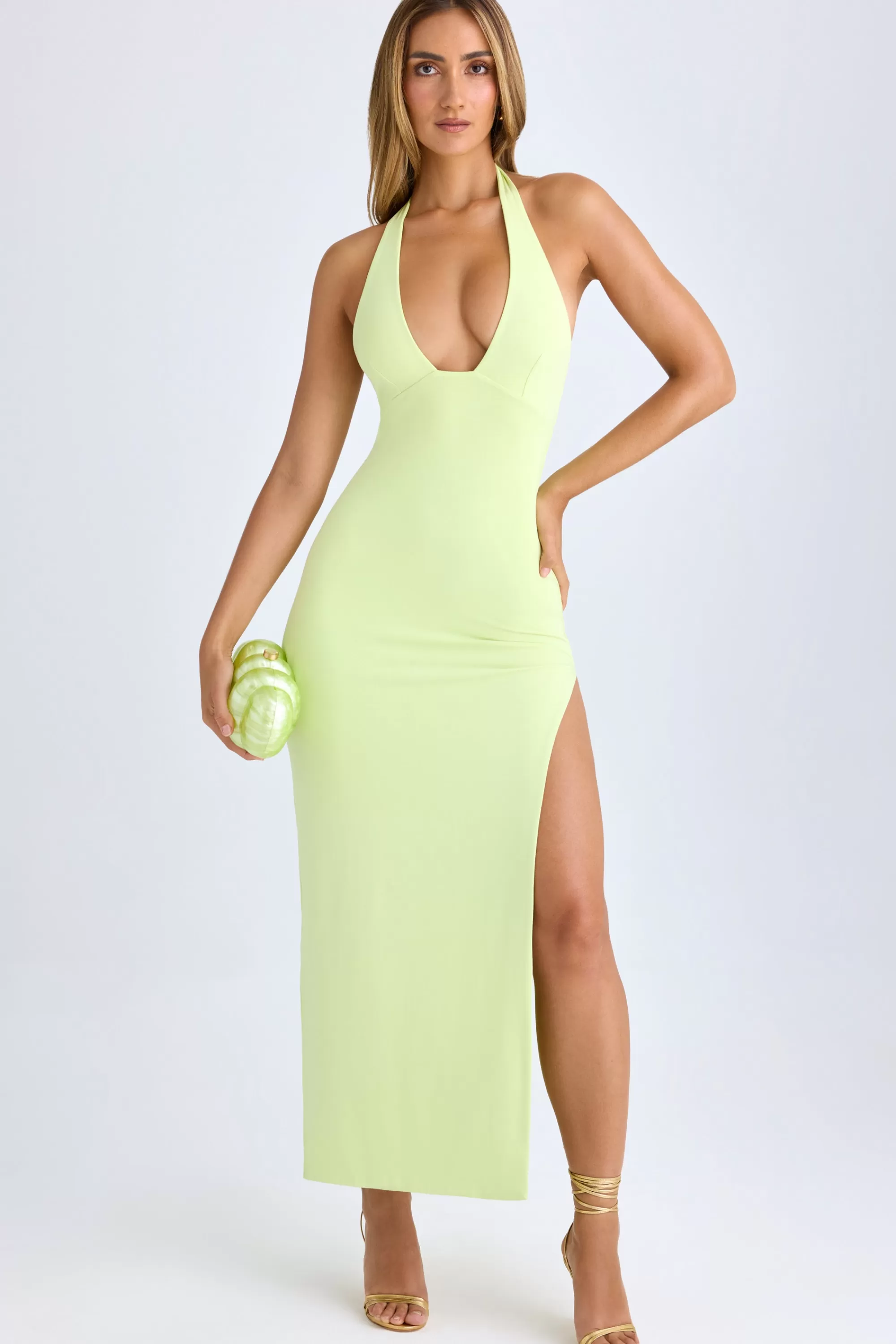 Oh Polly Modal High-Split Halterneck Maxi Dress in Matcha Green New