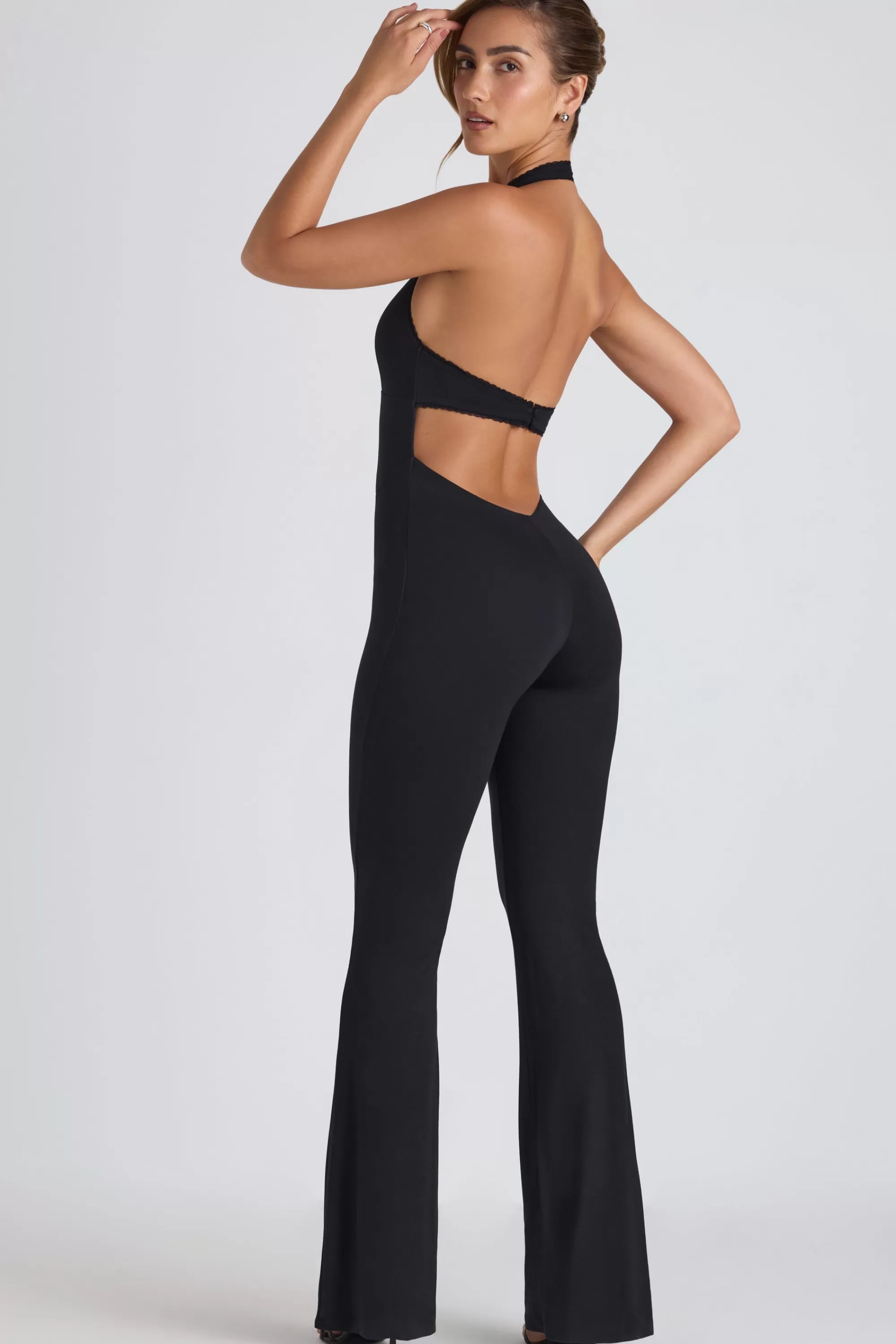 Oh Polly Modal Lace-Trim Cut-Out Flared Jumpsuit in Black Online