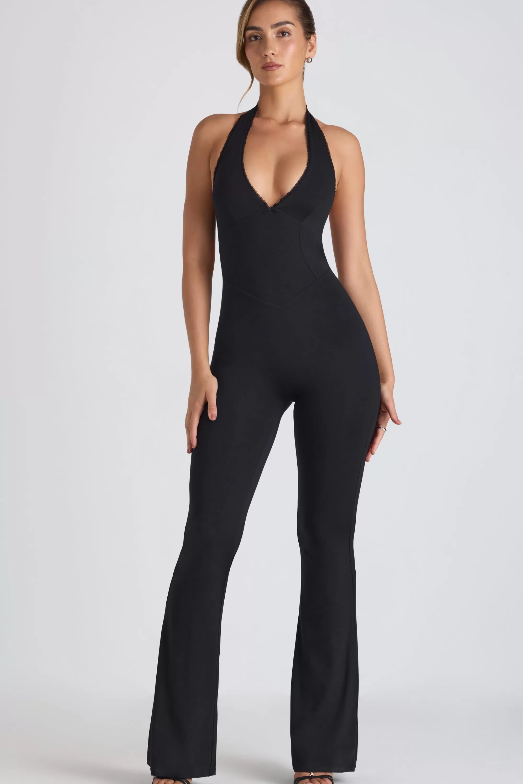 Oh Polly Modal Lace-Trim Cut-Out Flared Jumpsuit in Black Online