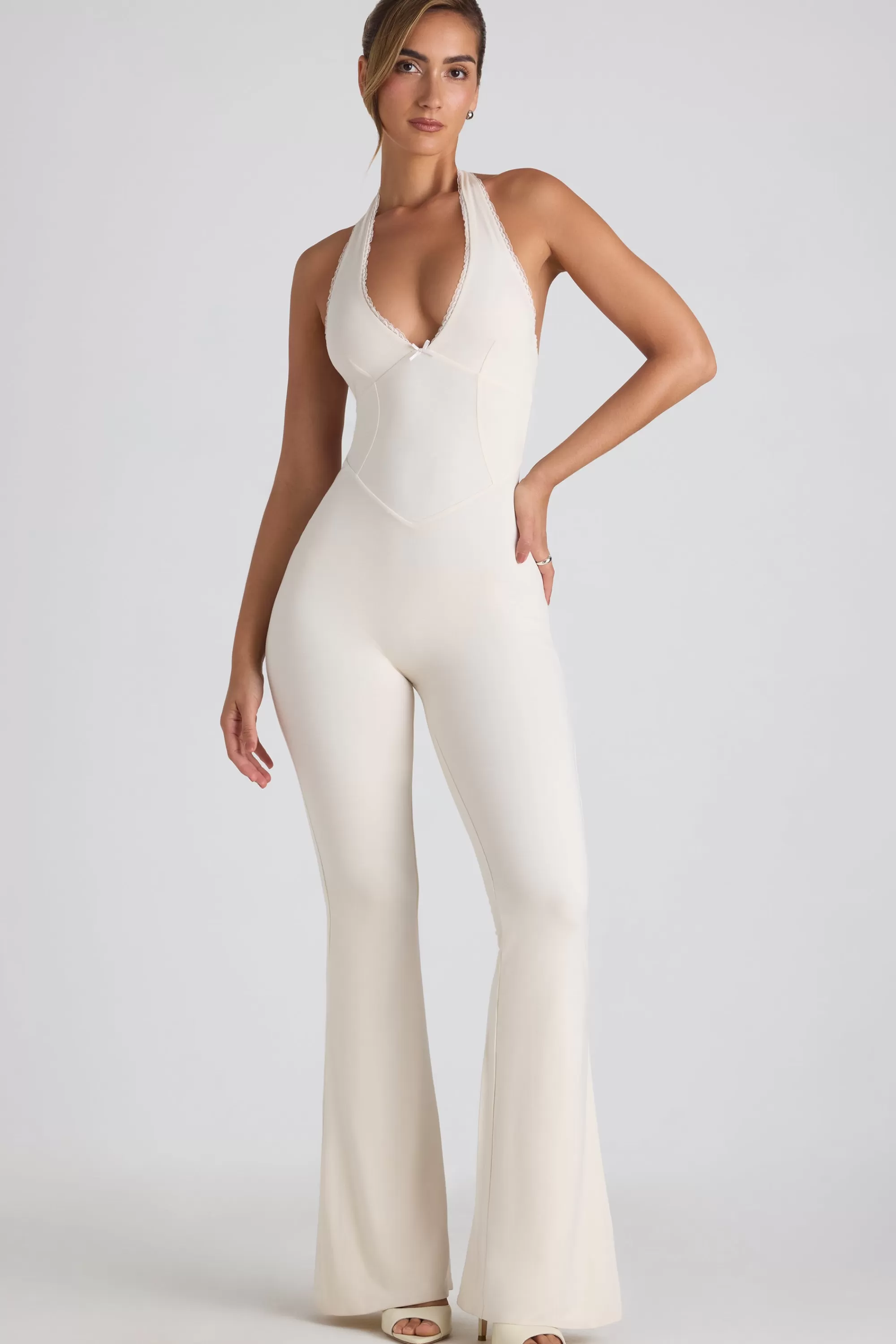 Oh Polly Modal Lace-Trim Cut-Out Flared Jumpsuit in Ivory New