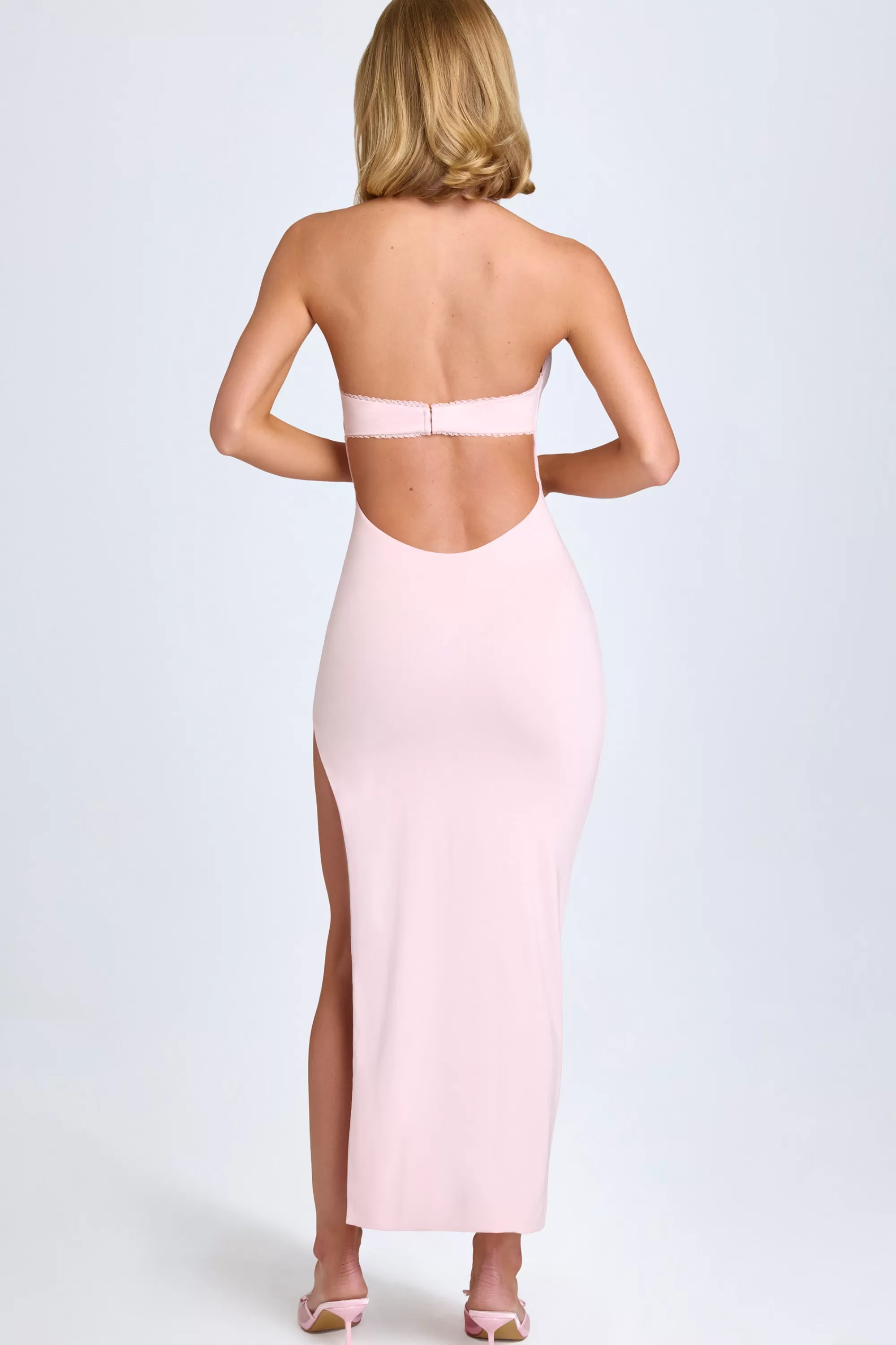 Oh Polly Modal Lace-Trim Halterneck Maxi Dress in Blush Outlet