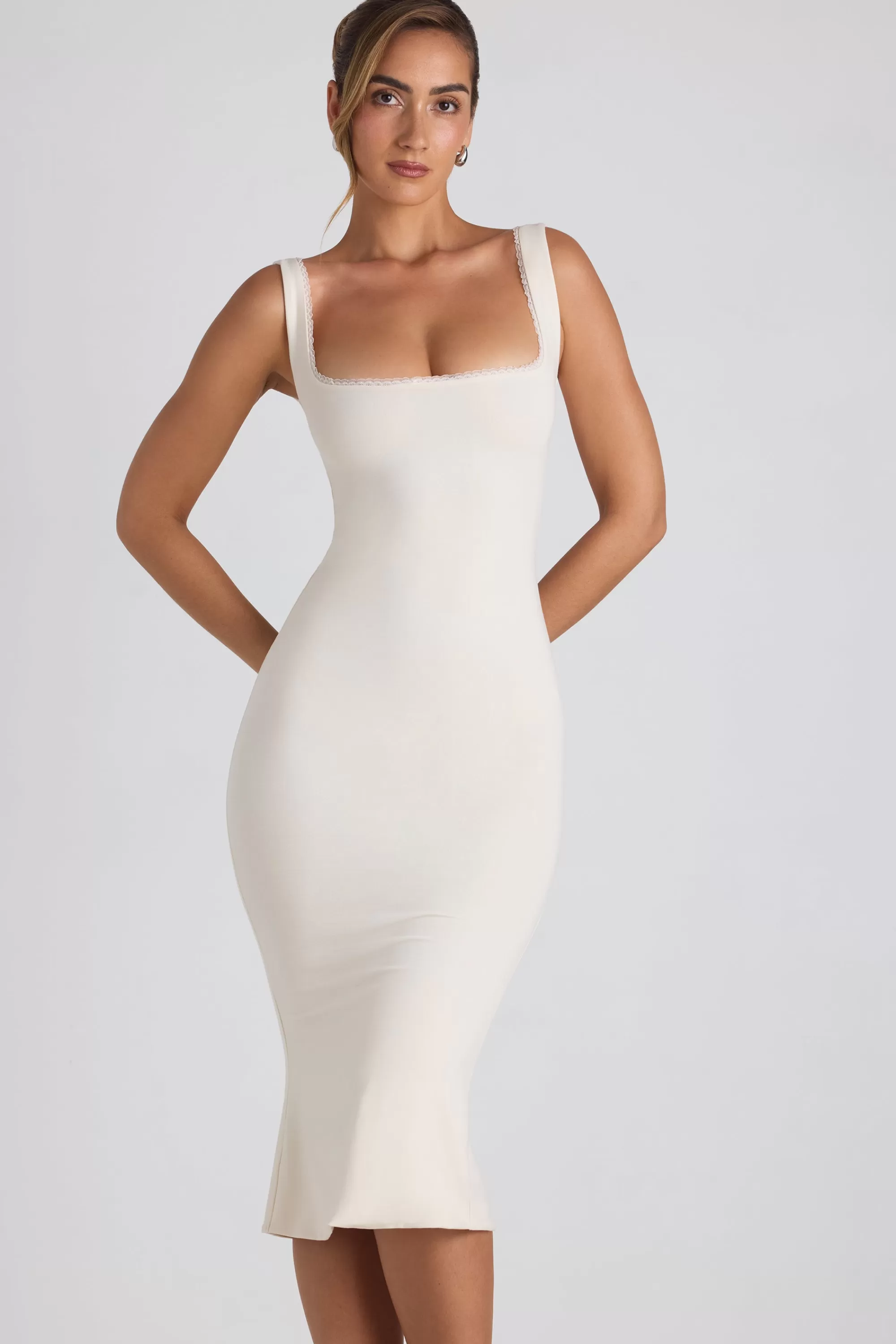 Oh Polly Modal Lace-Trim Midaxi Dress in Ivory Online