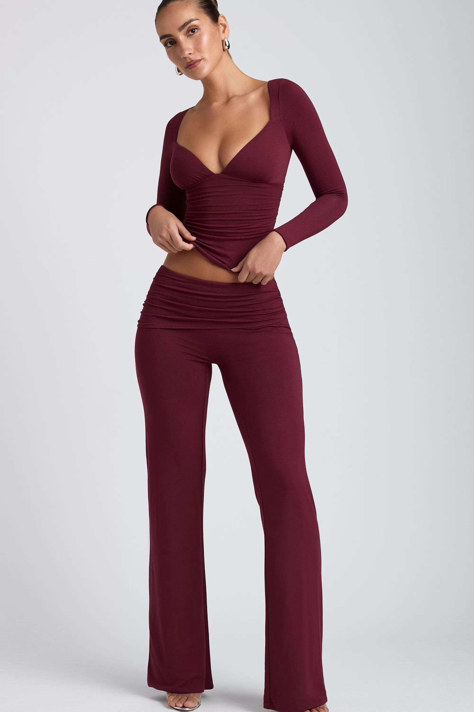 Oh Polly Modal Mid-Rise Straight-Leg Trousers in Plum Clearance