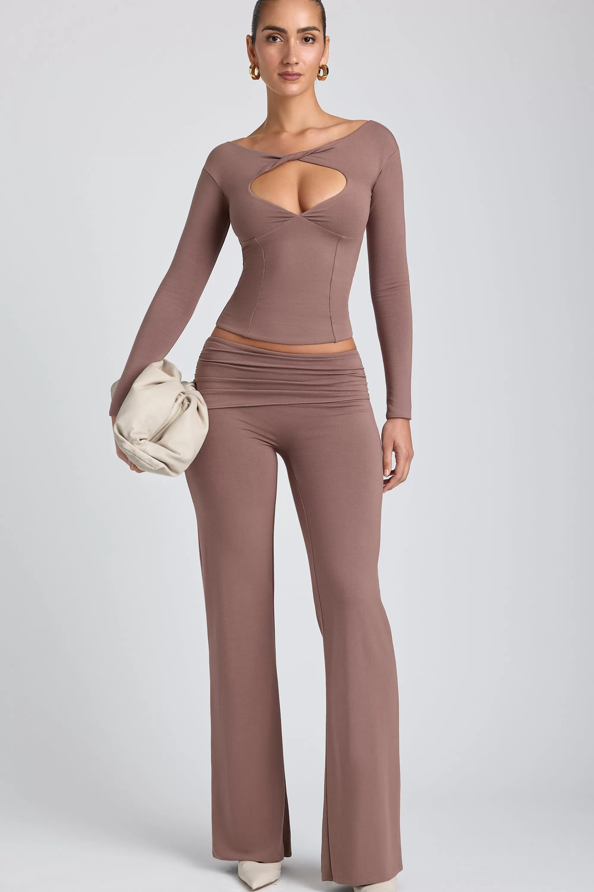 Oh Polly Modal Mid-Rise Straight-Leg Trousers in Taupe Cheap