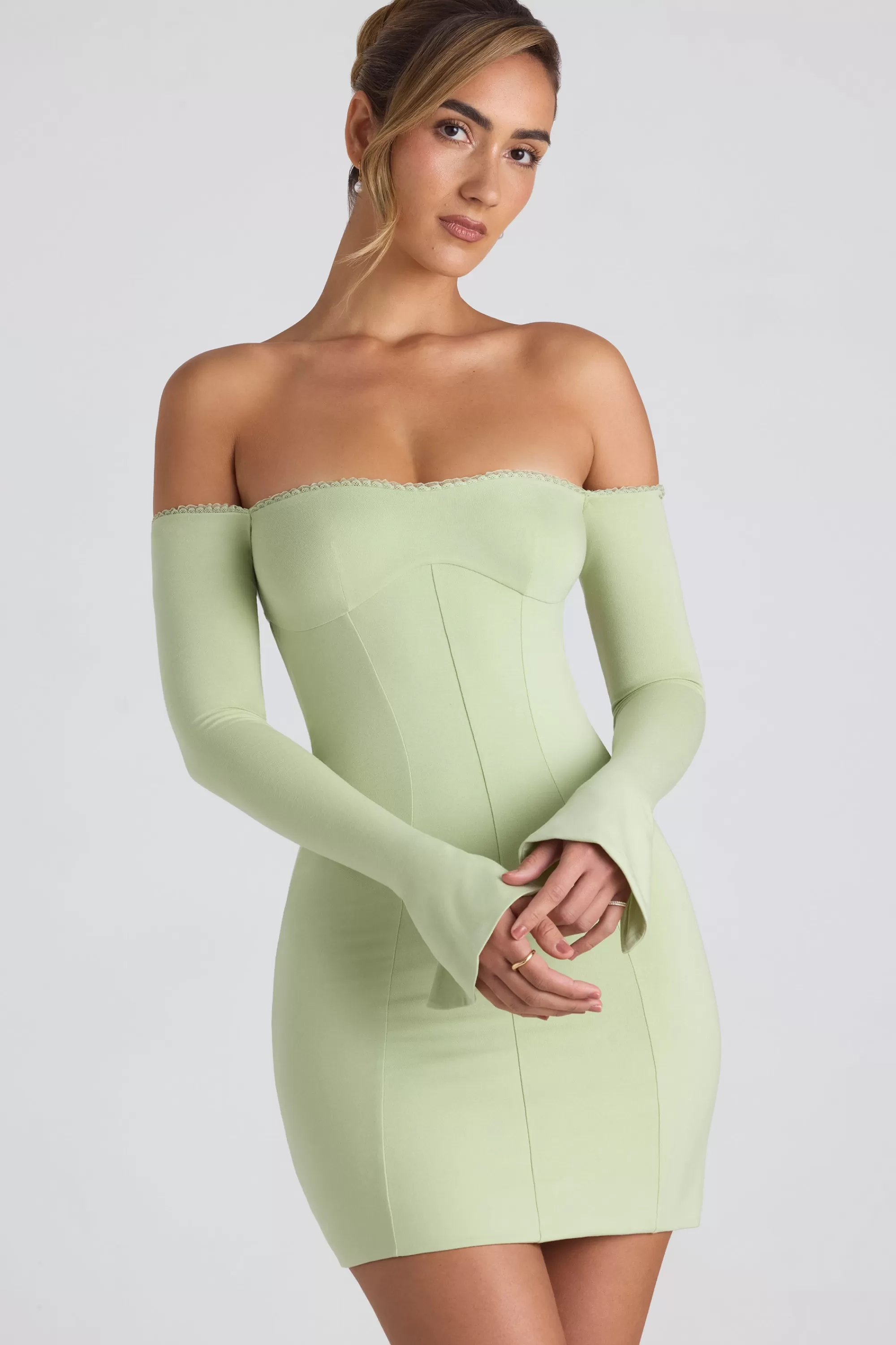 Oh Polly Modal Off-Shoulder Lace-Trim Mini Dress in Spring Green SpringGreen Shop