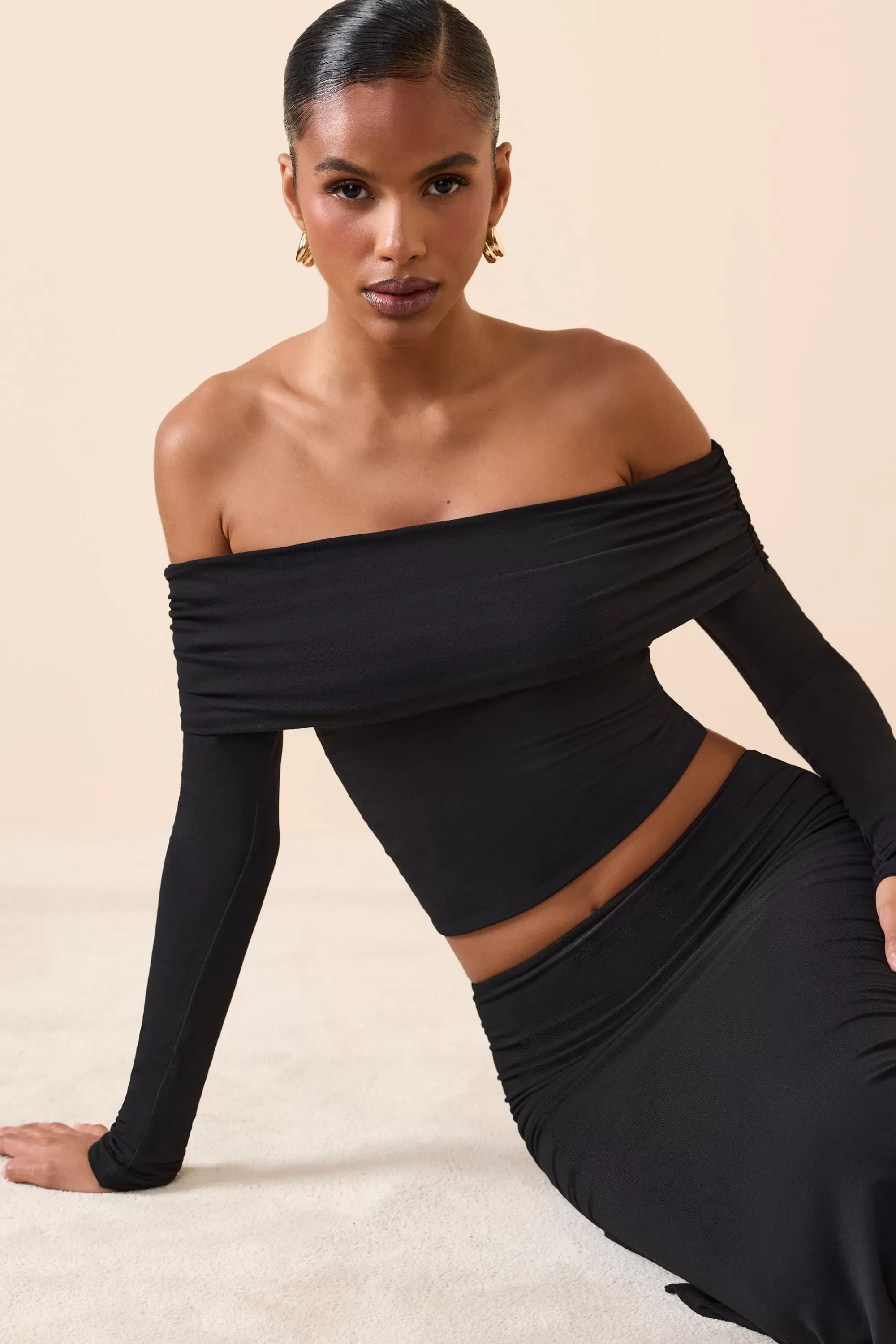 Oh Polly Modal Off-Shoulder Long-Sleeve Top in Black Fashion