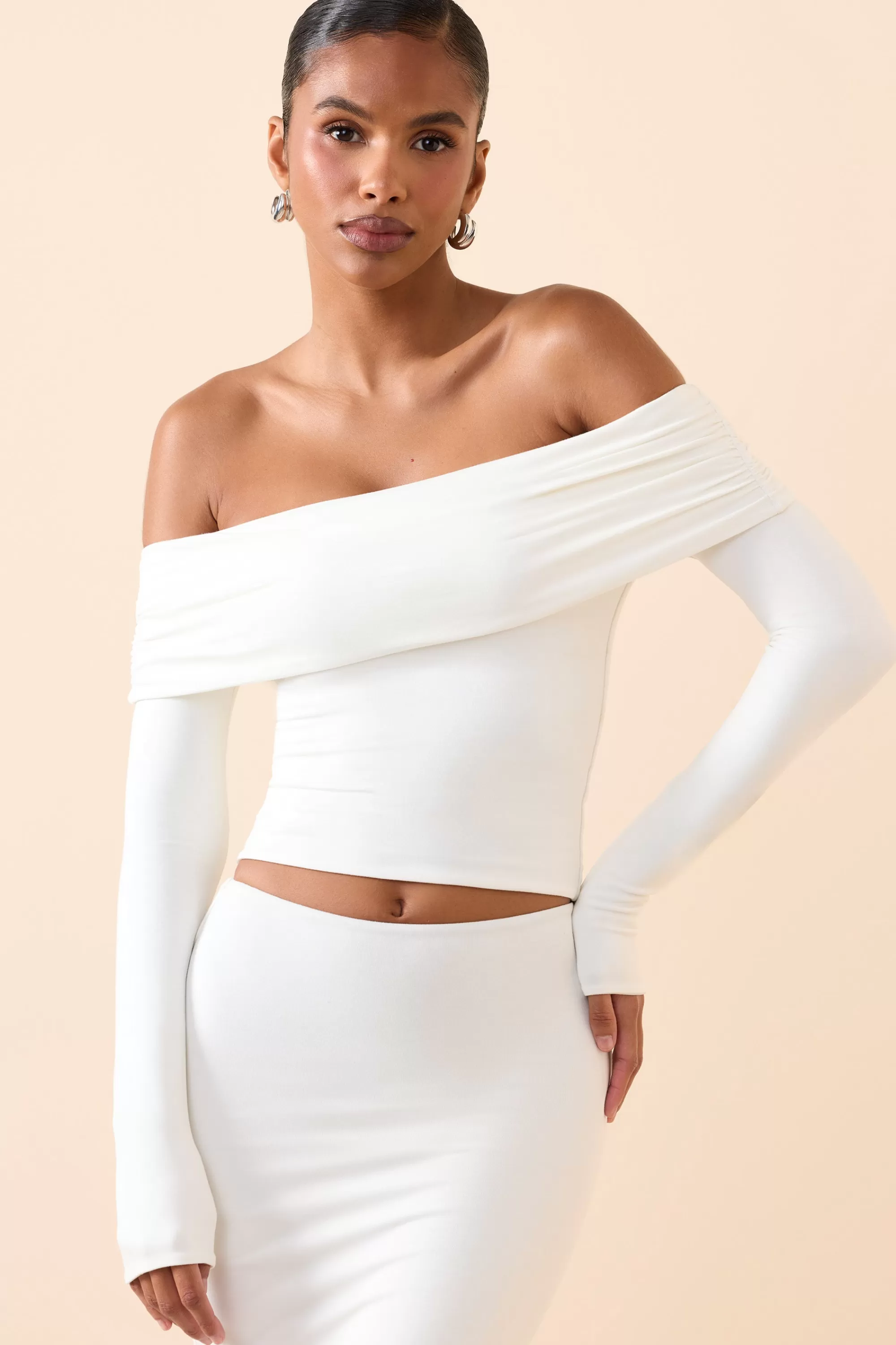 Oh Polly Modal Off-Shoulder Long-Sleeve Top in White Clearance