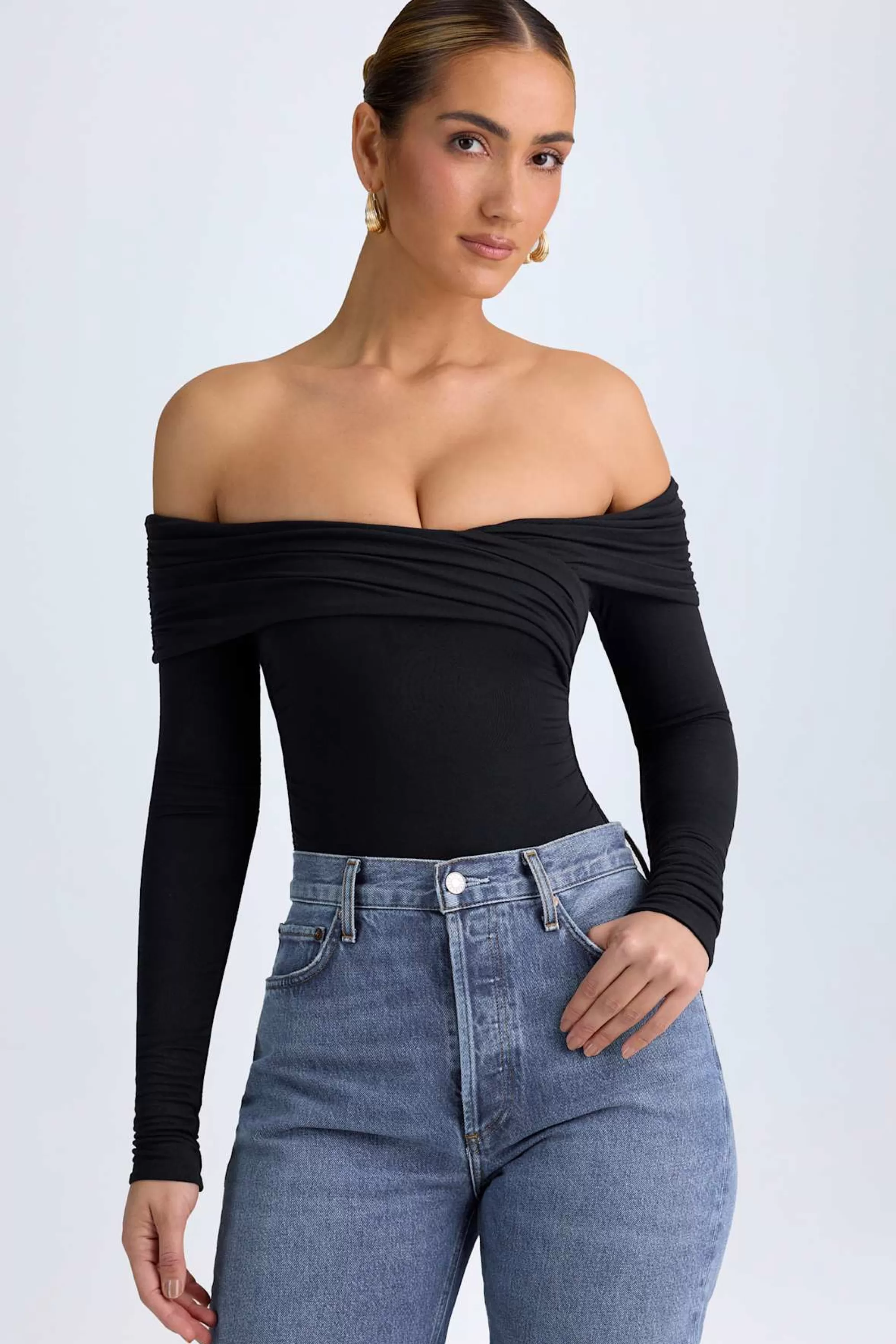 Oh Polly Modal Off-Shoulder Ruched Bodysuit in Black Best Sale