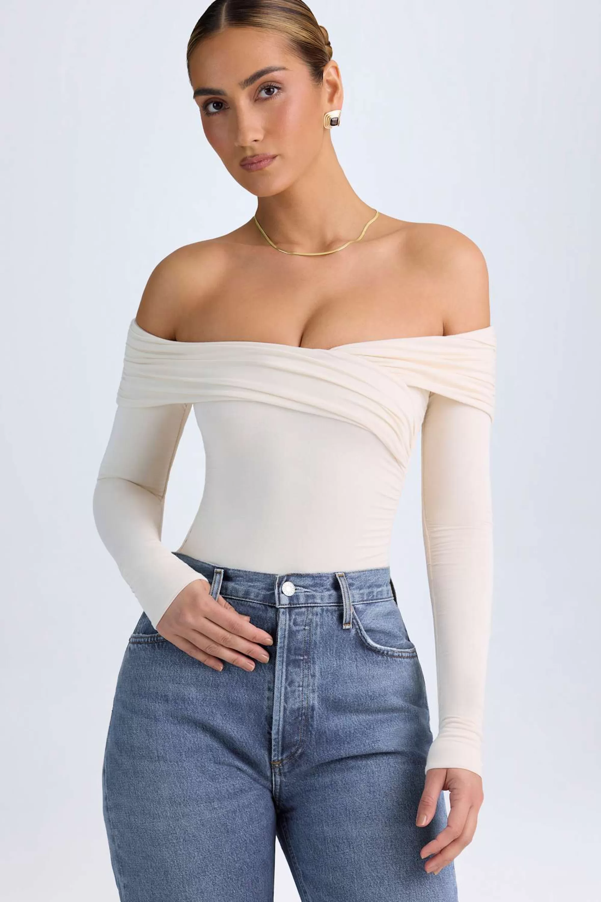 Oh Polly Modal Off-Shoulder Ruched Bodysuit in Ivory Hot