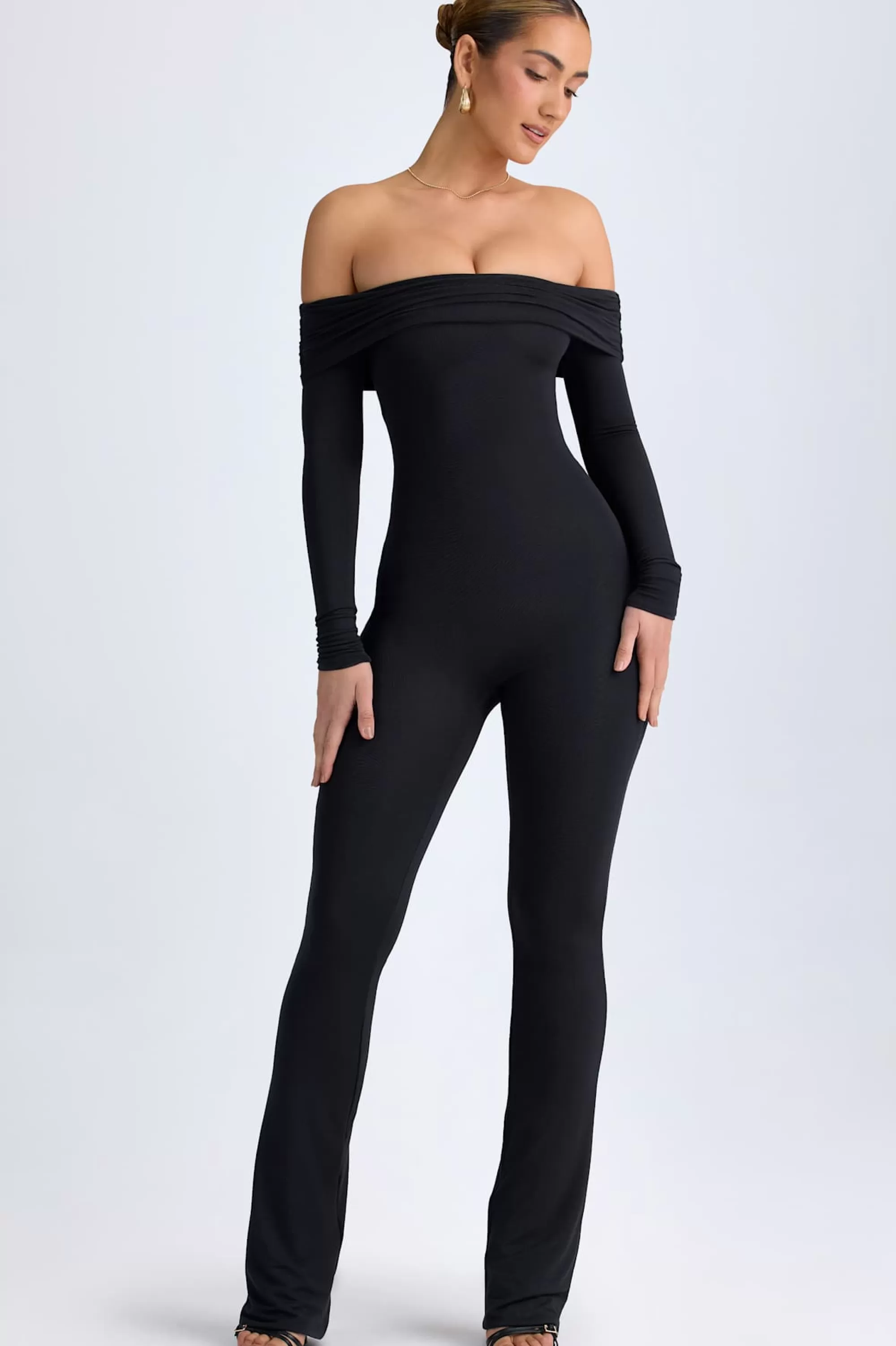 Oh Polly Modal Off-Shoulder Ruched Jumpsuit in Black Discount