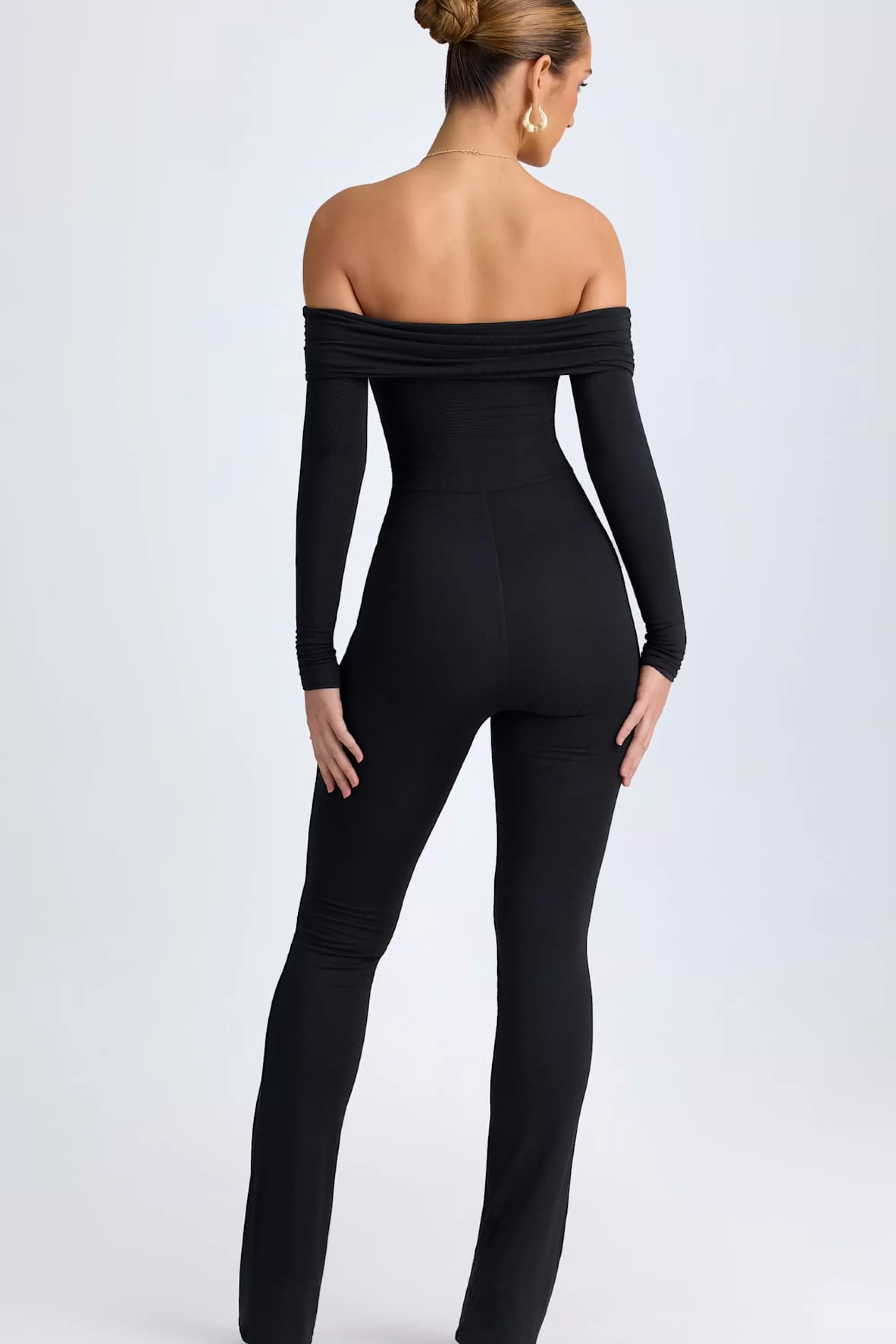 Oh Polly Modal Off-Shoulder Ruched Jumpsuit in Black Discount