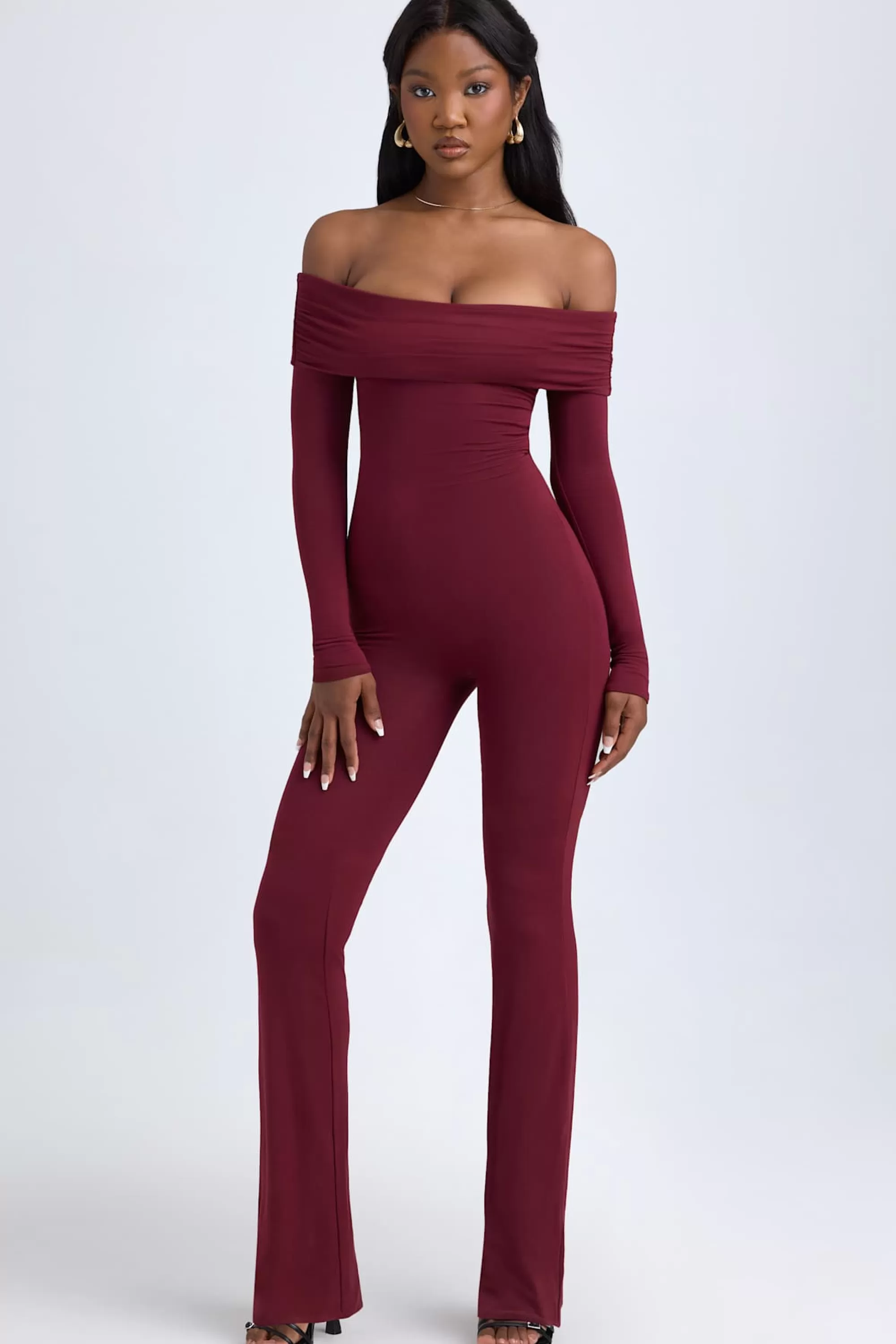 Oh Polly Modal Off-Shoulder Ruched Jumpsuit in Wine Red WineRed Online