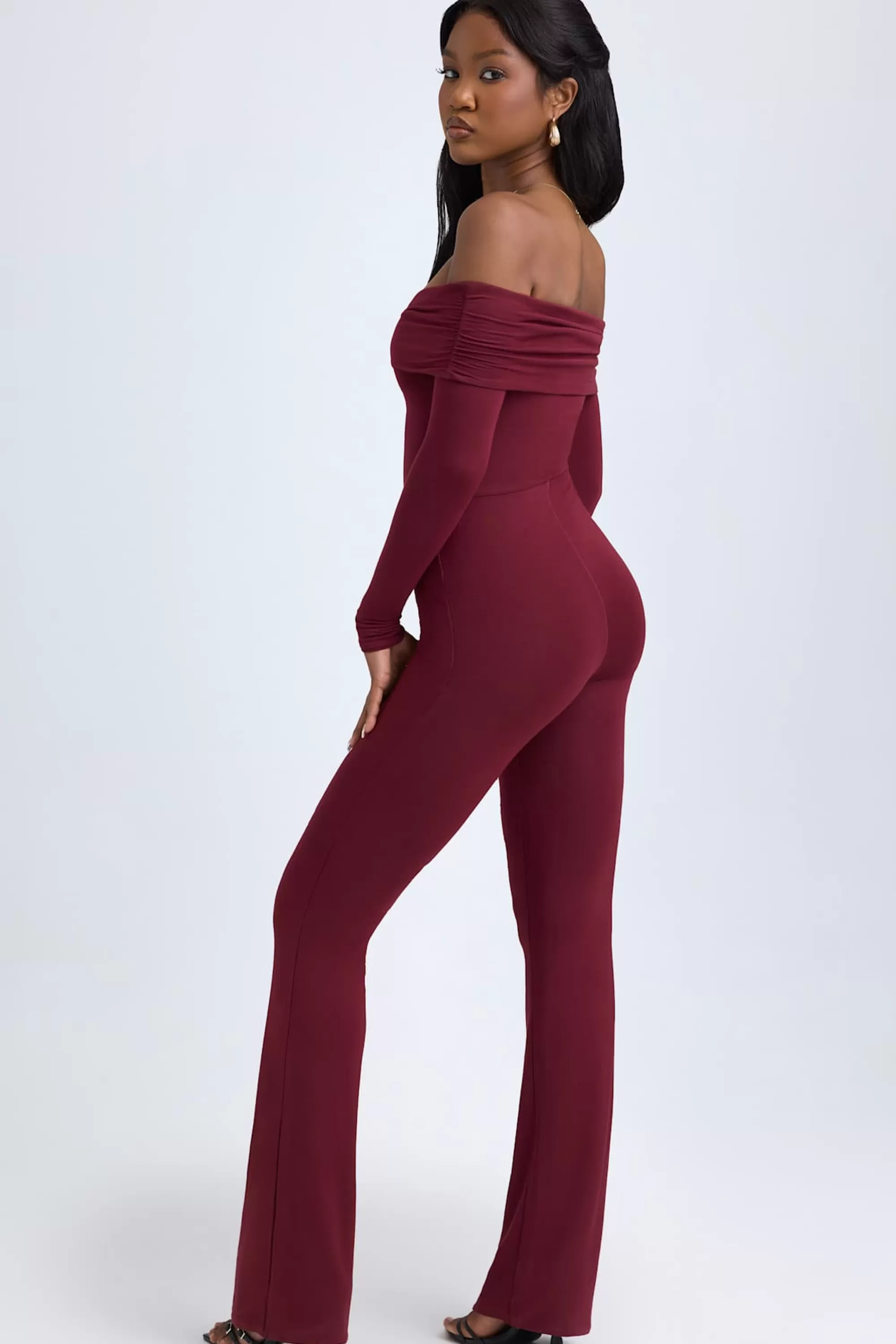 Oh Polly Modal Off-Shoulder Ruched Jumpsuit in Wine Red WineRed Online