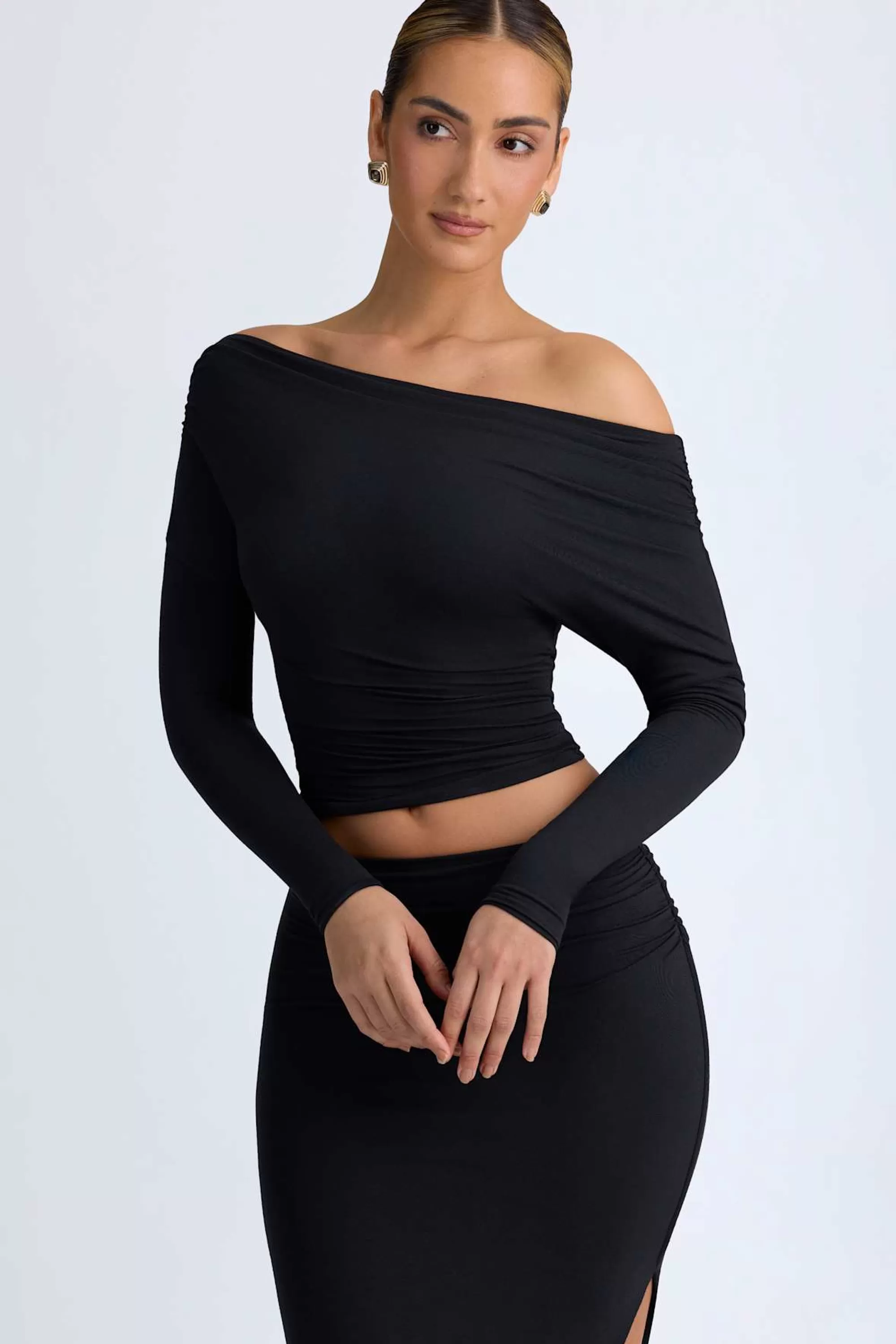 Oh Polly Modal One-Shoulder Ruched Top in Black Sale