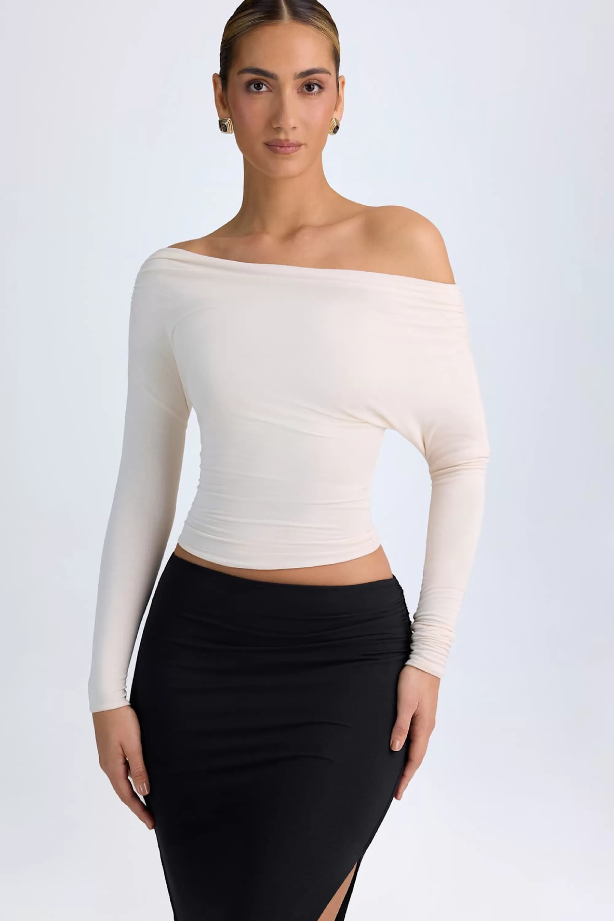 Oh Polly Modal One-Shoulder Ruched Top in Ivory Hot