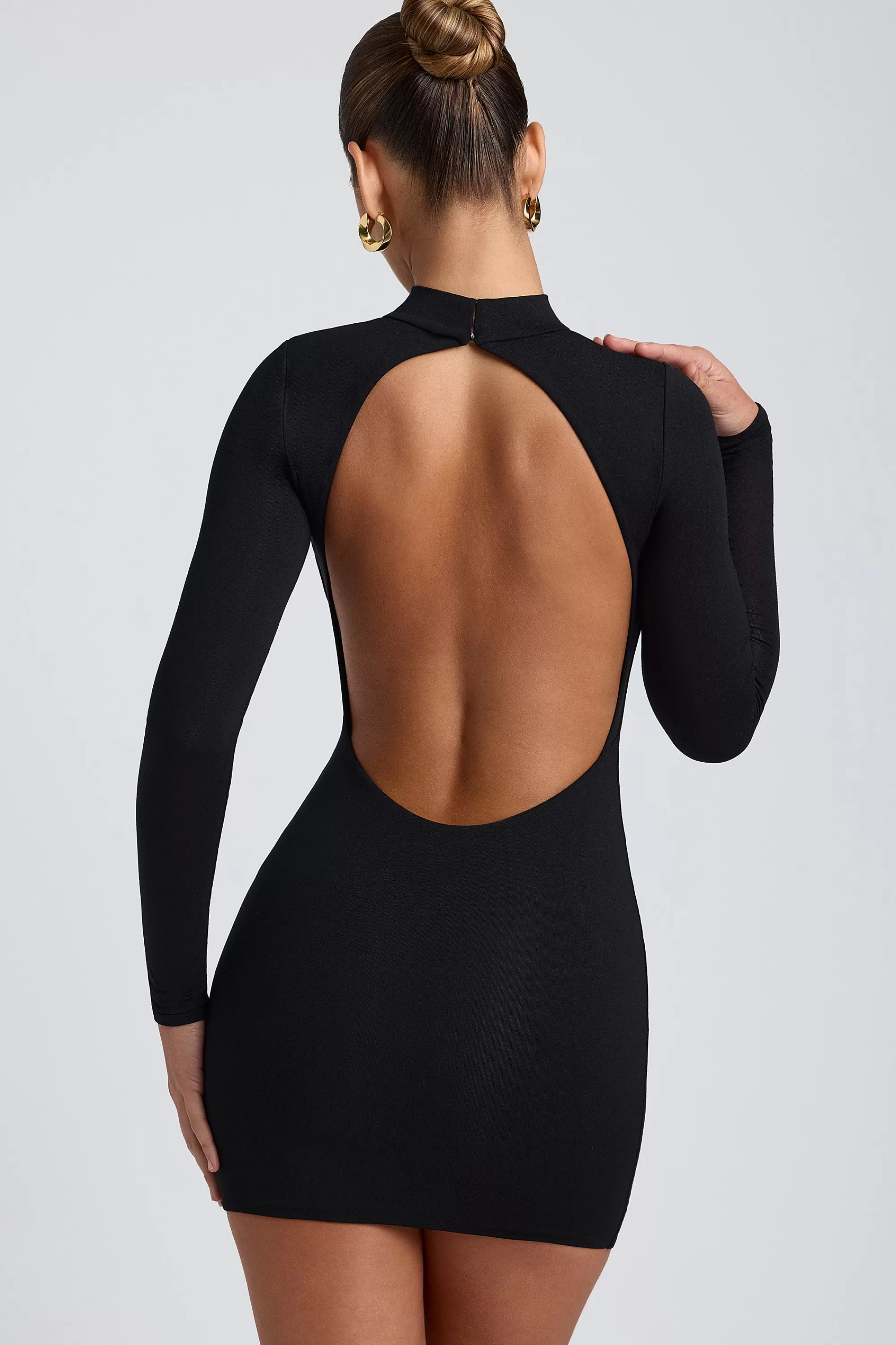 Oh Polly Modal Open-Back Long-Sleeve Mini Dress in Black Clearance