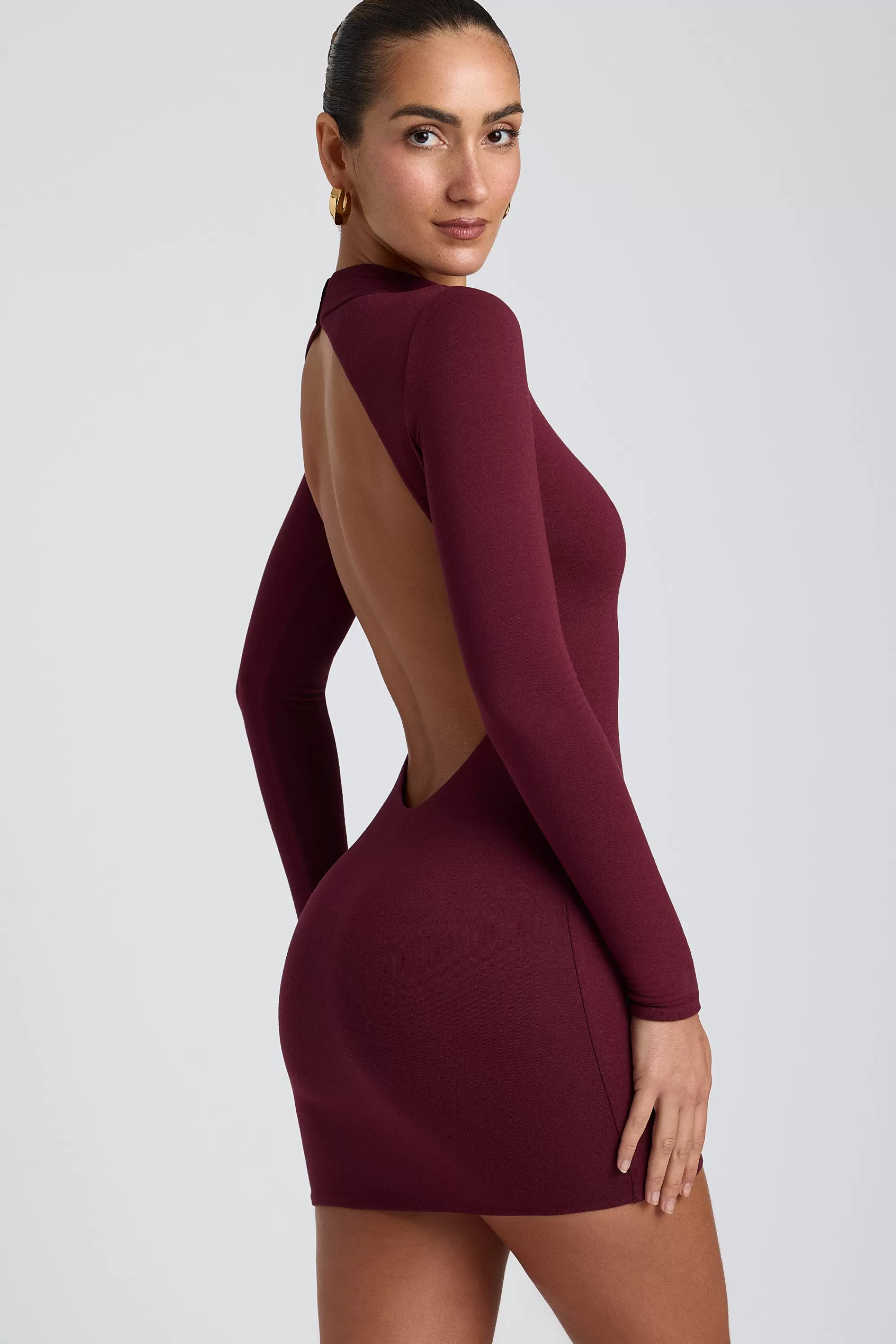 Oh Polly Modal Open-Back Long-Sleeve Mini Dress in Plum Sale