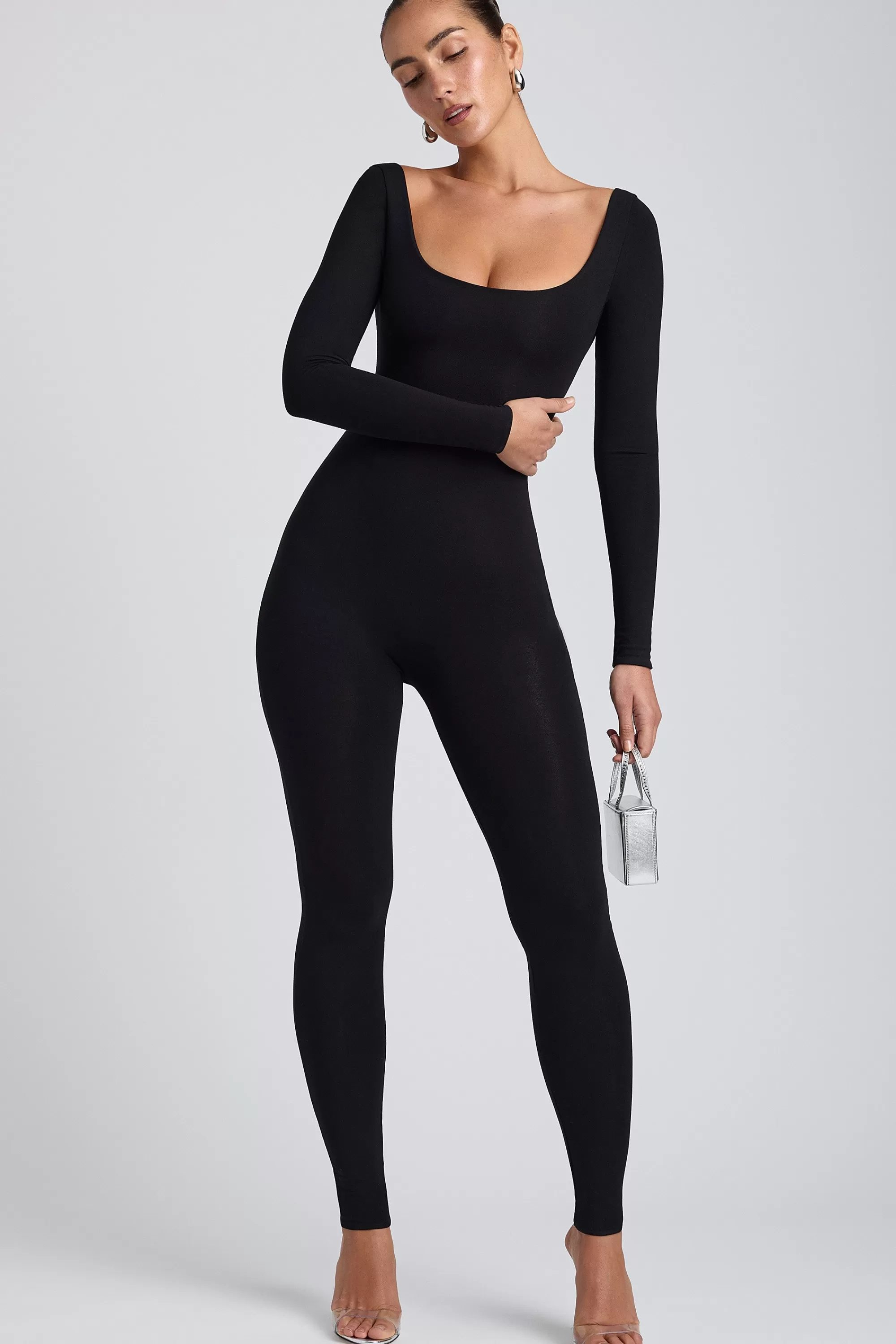 Oh Polly Modal Petite Scoop-Neck Cross-Back Jumpsuit in Black Best Sale