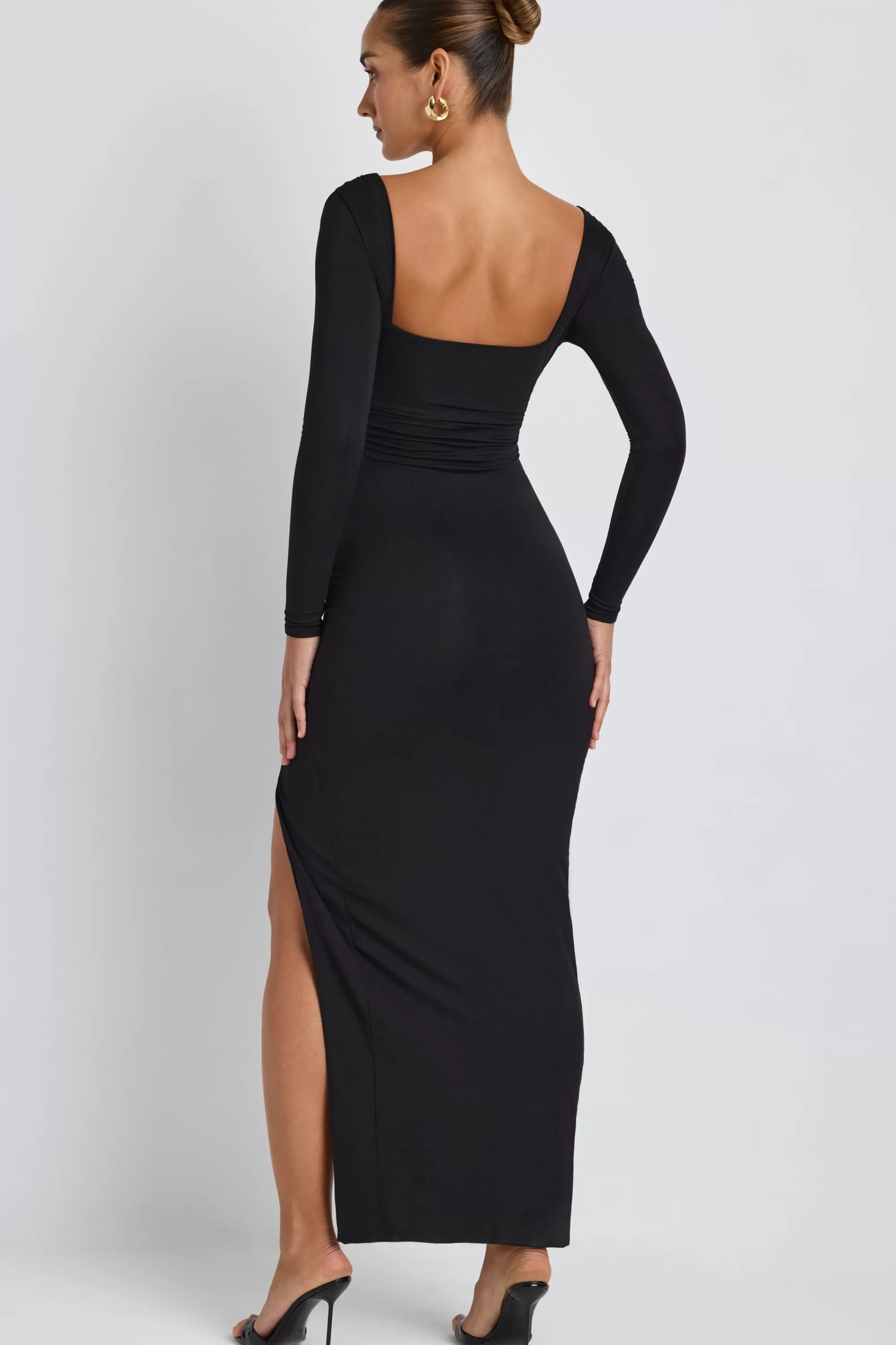 Oh Polly Modal Plunge Neck Long Sleeve Maxi Dress in Black Sale