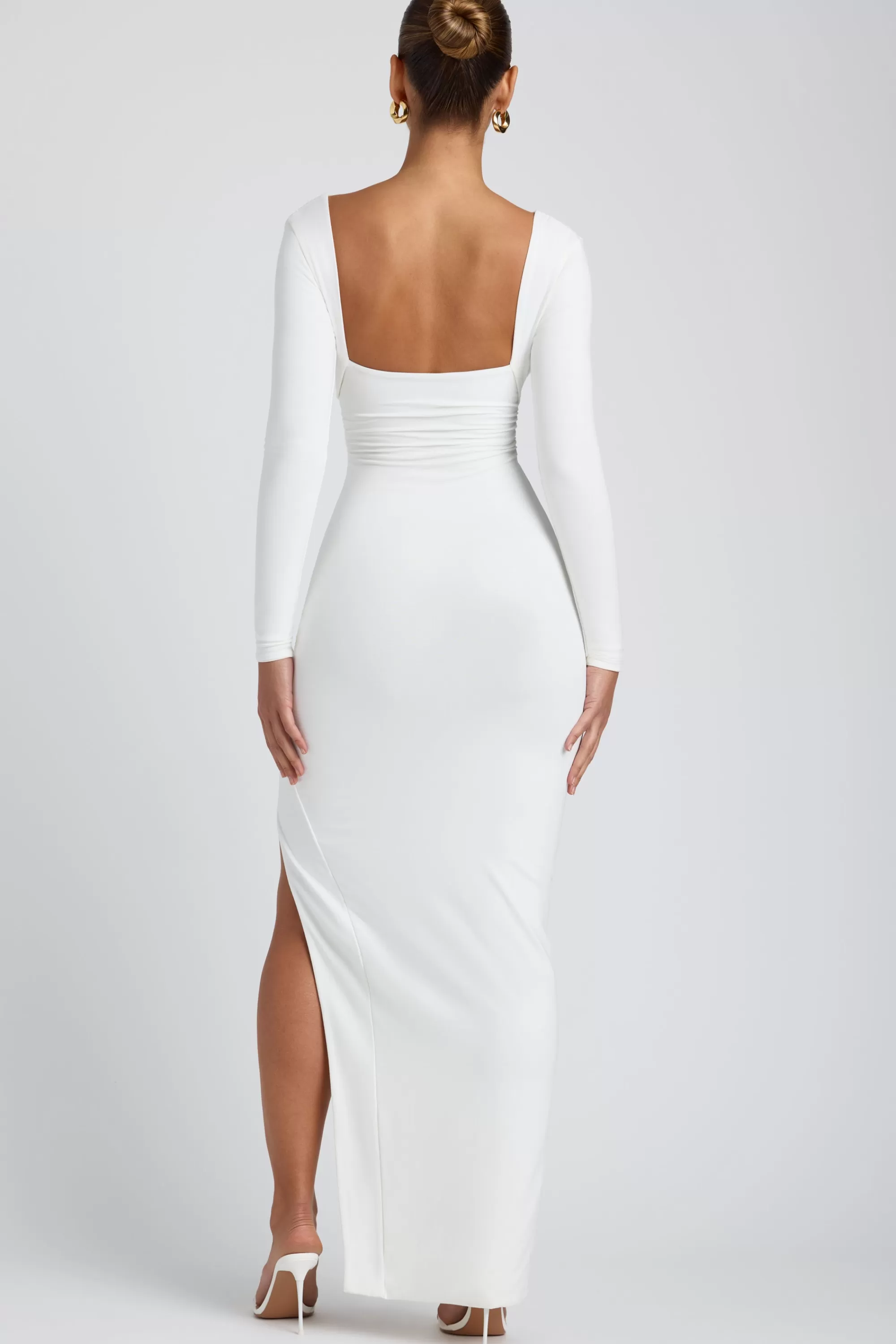 Oh Polly Modal Plunge Neck Long Sleeve Maxi Dress in White Hot