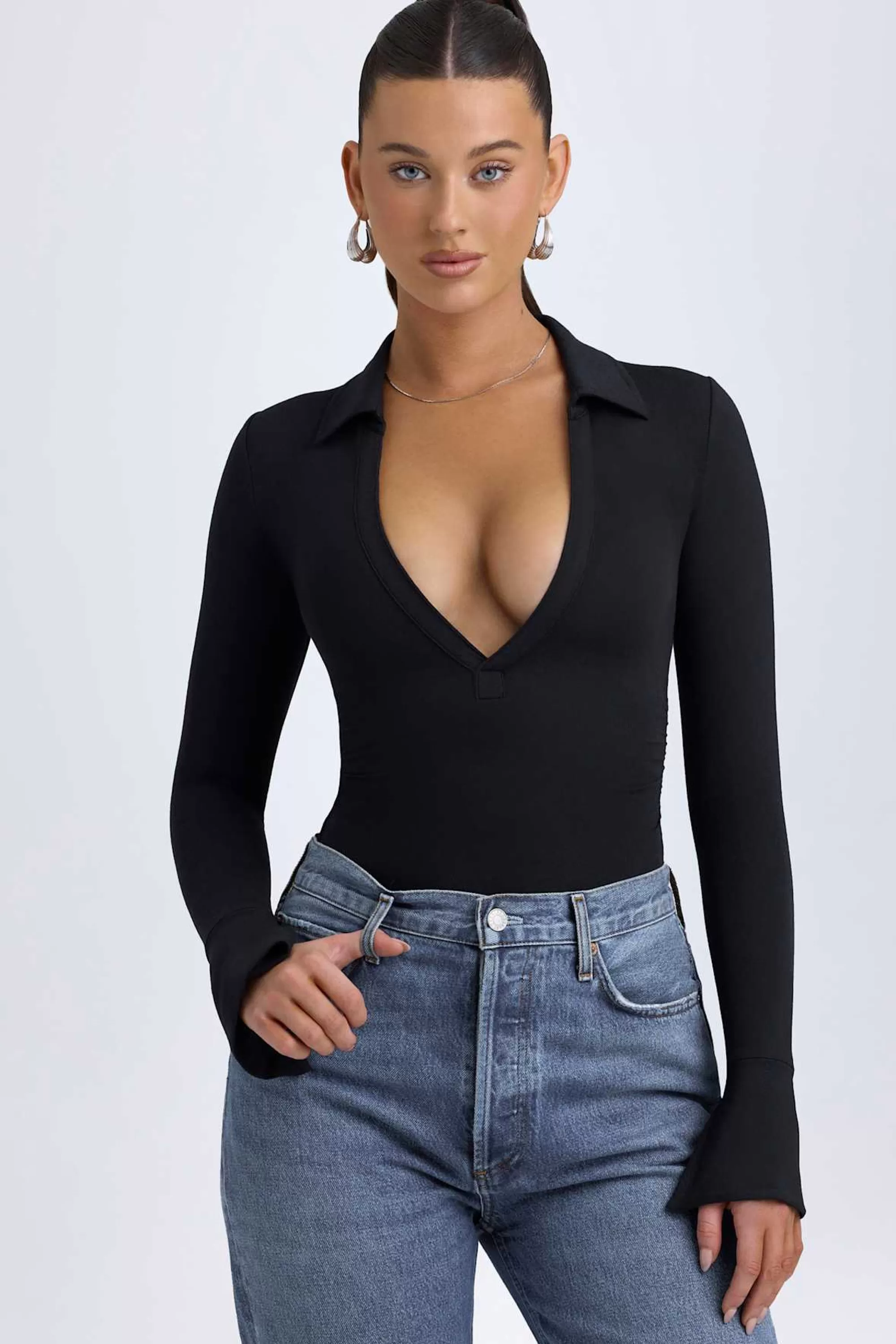 Oh Polly Modal Plunge V-Neck Bodysuit in Black Discount