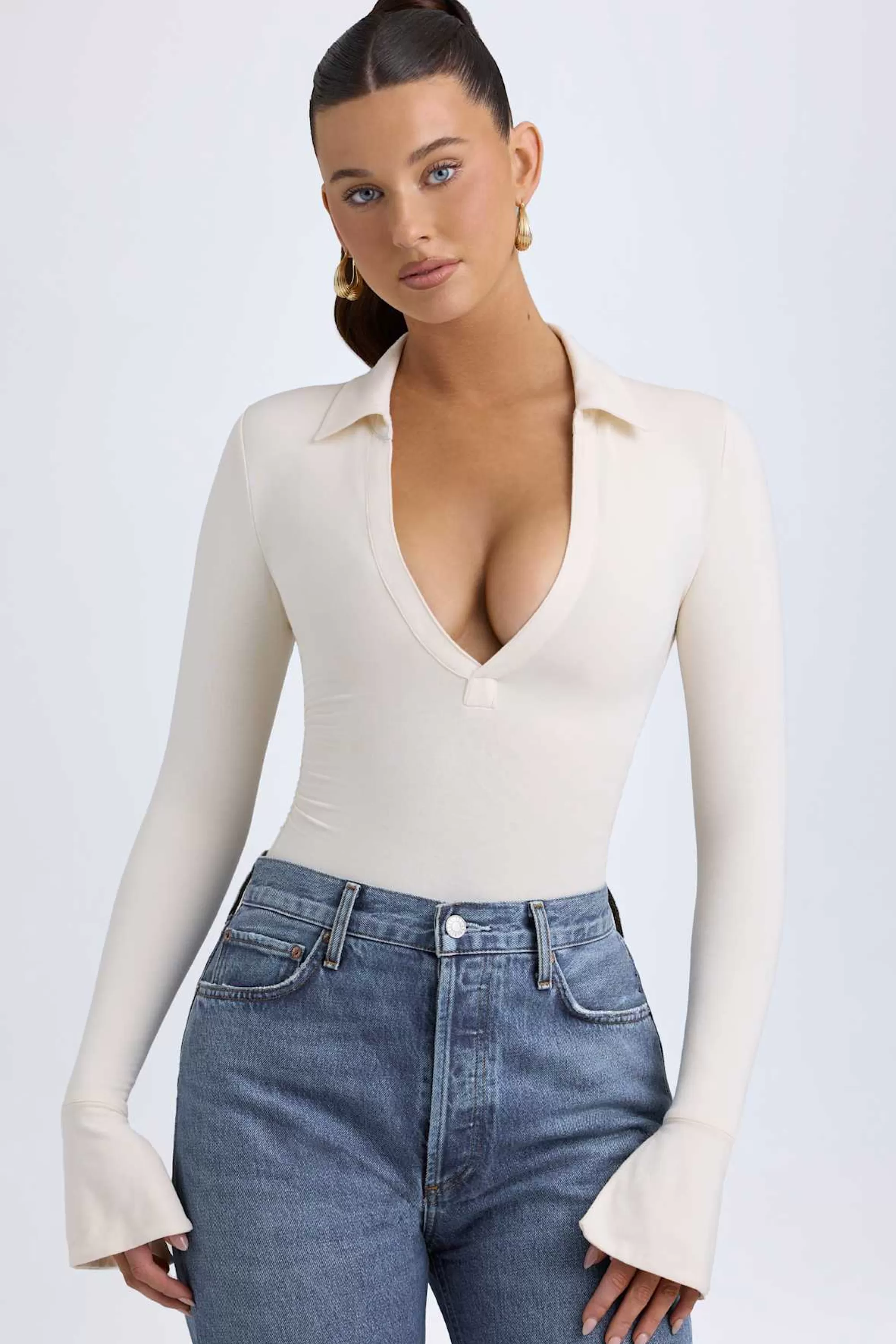 Oh Polly Modal Plunge V-Neck Bodysuit in Ivory Best Sale