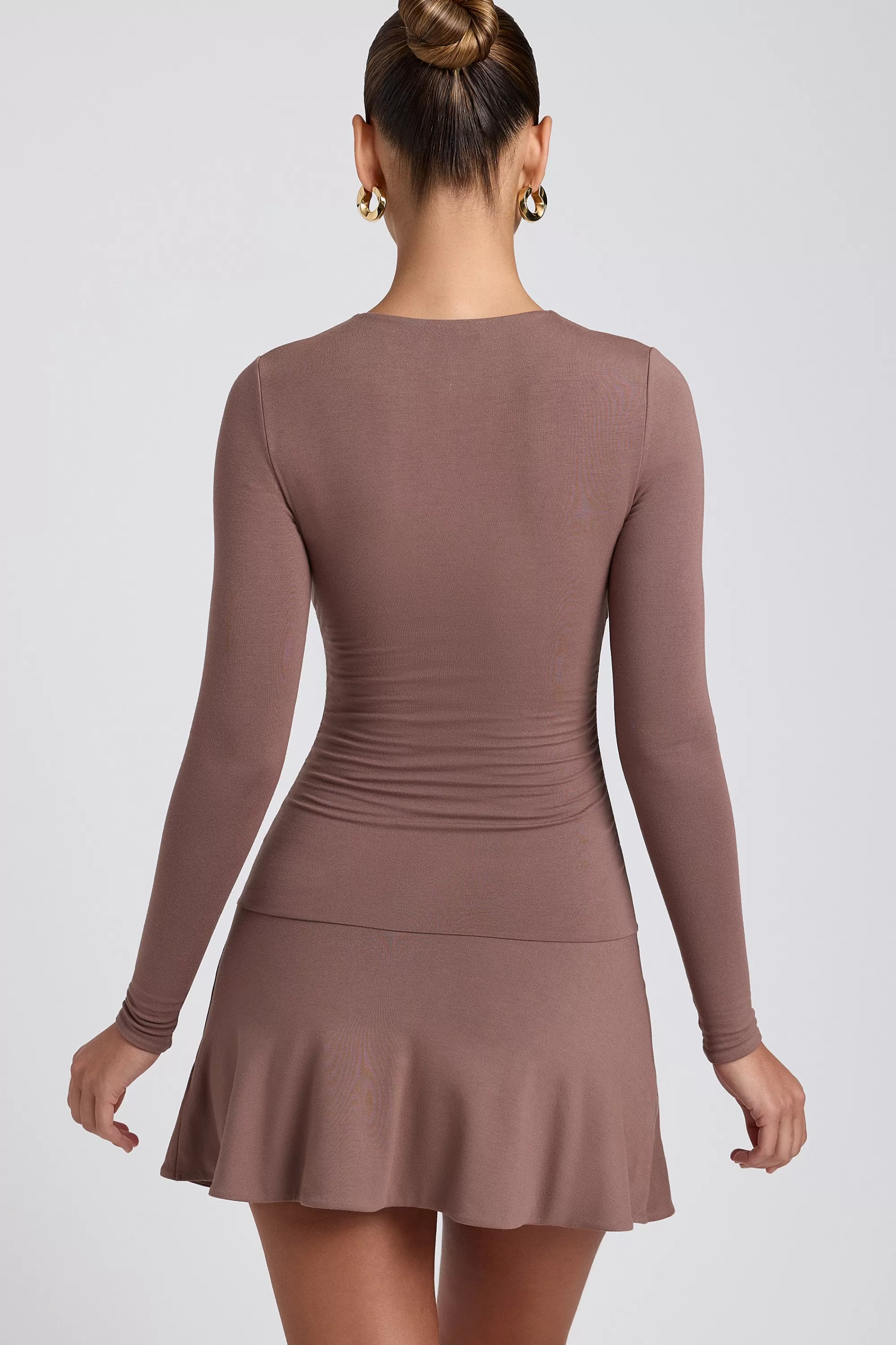 Oh Polly Modal Ruched Crew-Neck Mini Dress in Taupe Flash Sale