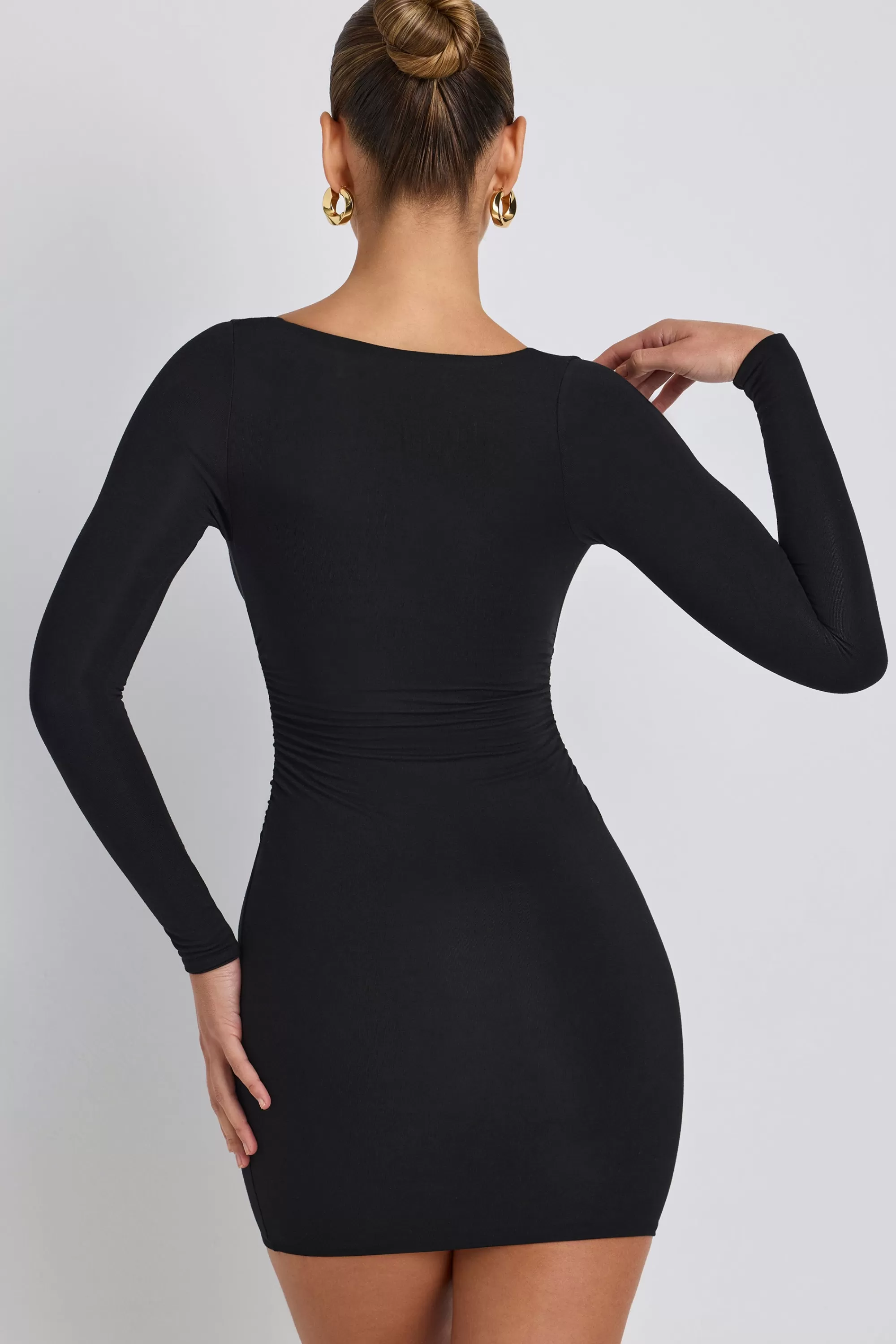 Oh Polly Modal Ruched Long-Sleeve Mini Dress in Black New